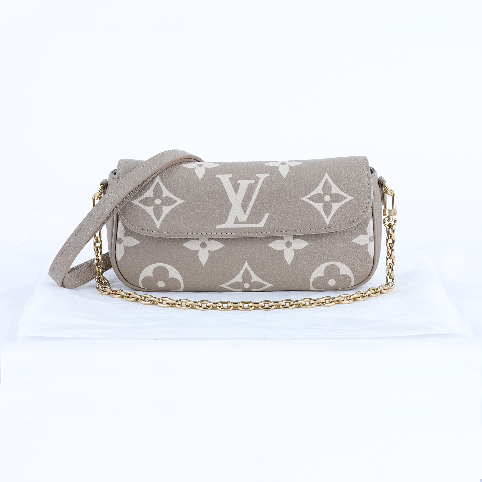 路易威登 LOUIS VUITTON Wallet on Chain Ivy 壓花牛皮 肩背錢包 斑鳩灰色 奶油色 M82211 晶片款  無附屬品