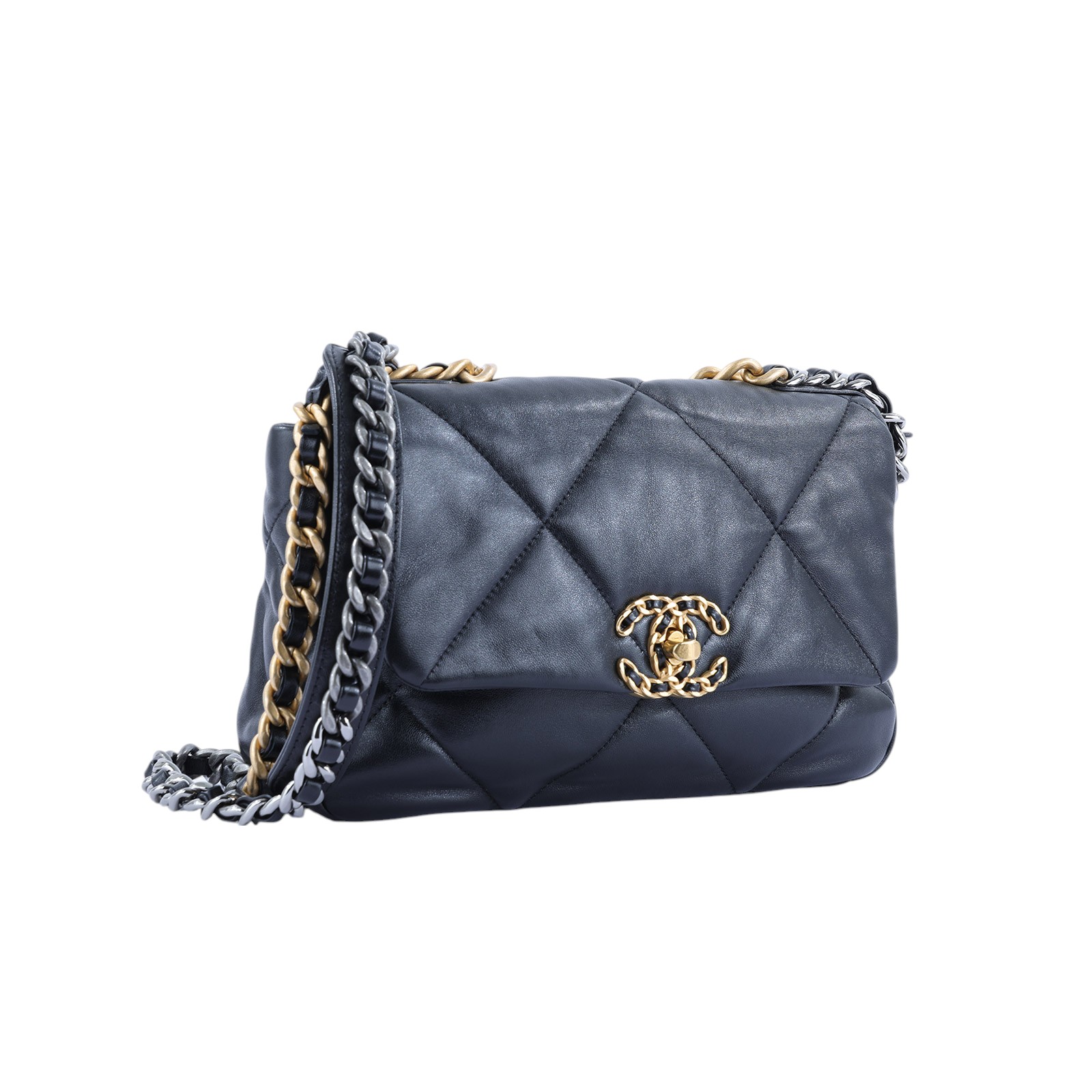 香奈兒 CHANEL 19 口蓋包 菱格紋 金銀鍊帶 手提 肩背包 AS1160 晶片款 黑19 26CM 防塵袋