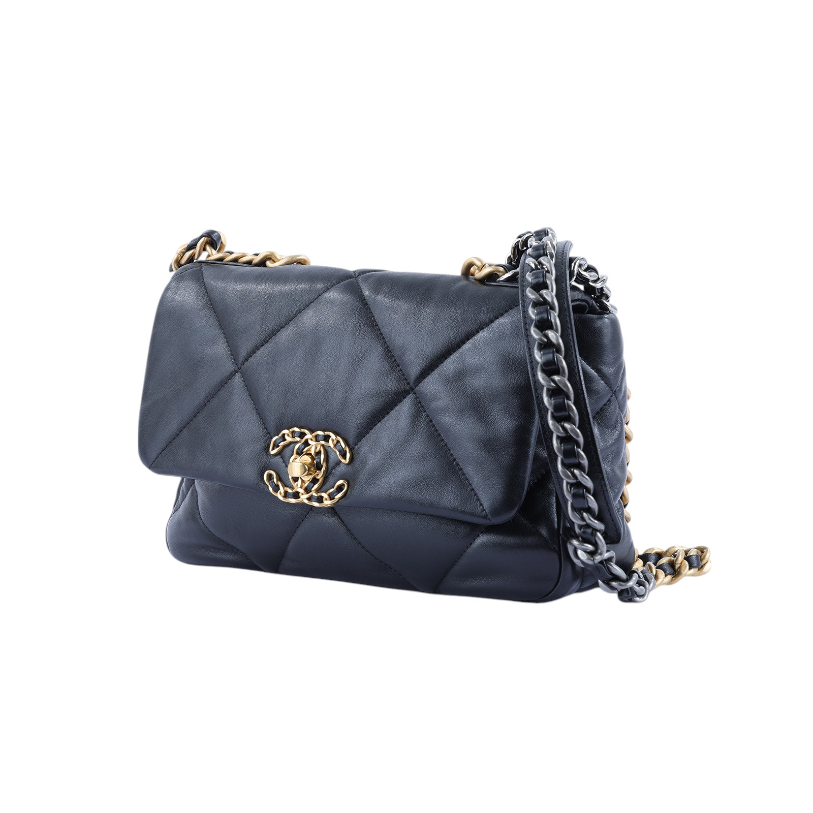 香奈兒 CHANEL 19 口蓋包 菱格紋 金銀鍊帶 手提 肩背包 AS1160 晶片款 黑19 26CM 防塵袋