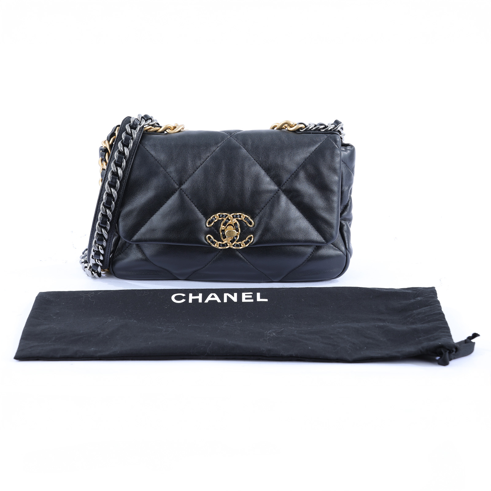 香奈兒 CHANEL 19 口蓋包 菱格紋 金銀鍊帶 手提 肩背包 AS1160 晶片款 黑19 26CM 防塵袋