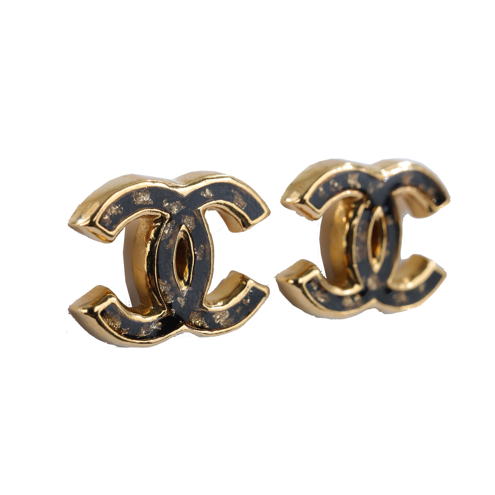 香奈兒 CHANEL 耳釘 L23 C 金邊黑壓克力雙C耳環 原廠盒子/防塵袋