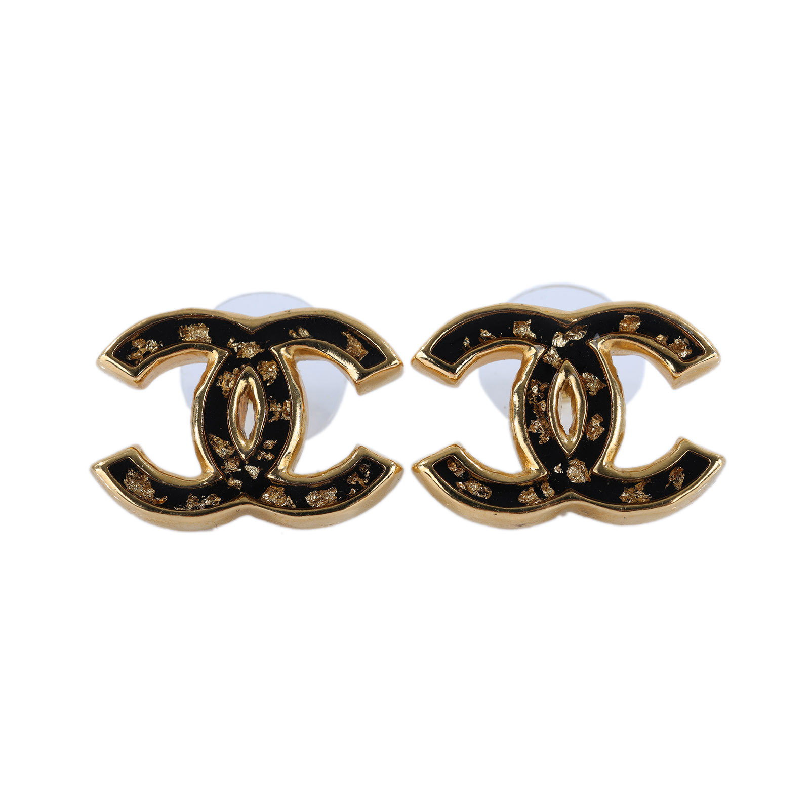 香奈兒 CHANEL 耳釘 L23 C 金邊黑壓克力雙C耳環 原廠盒子/防塵袋