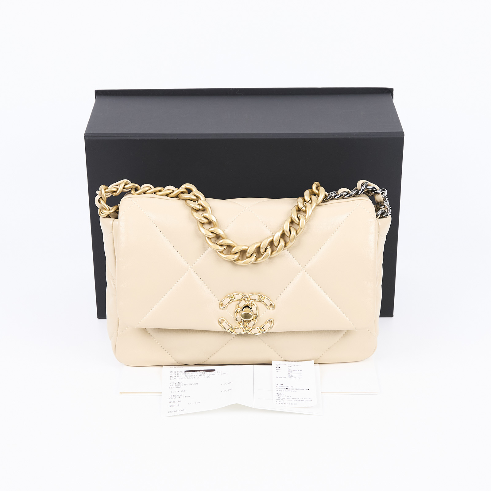 香奈兒 CHANEL 19 口蓋包 菱格紋 金銀鍊帶 手提 肩背包 AS1160 晶片款 奶茶色19包 26CM 原廠盒子/購買證明