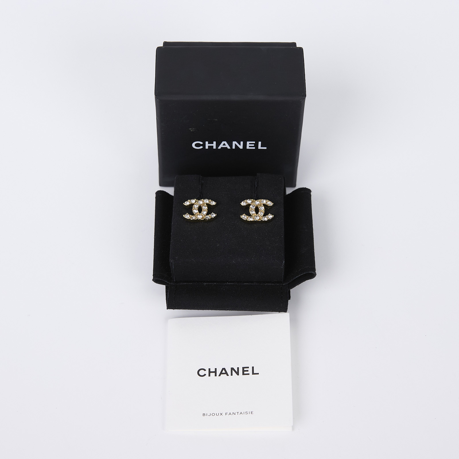 香奈兒 CHANEL 耳釘 L22P 金色雙C水鑽耳環 原廠盒子/防塵袋