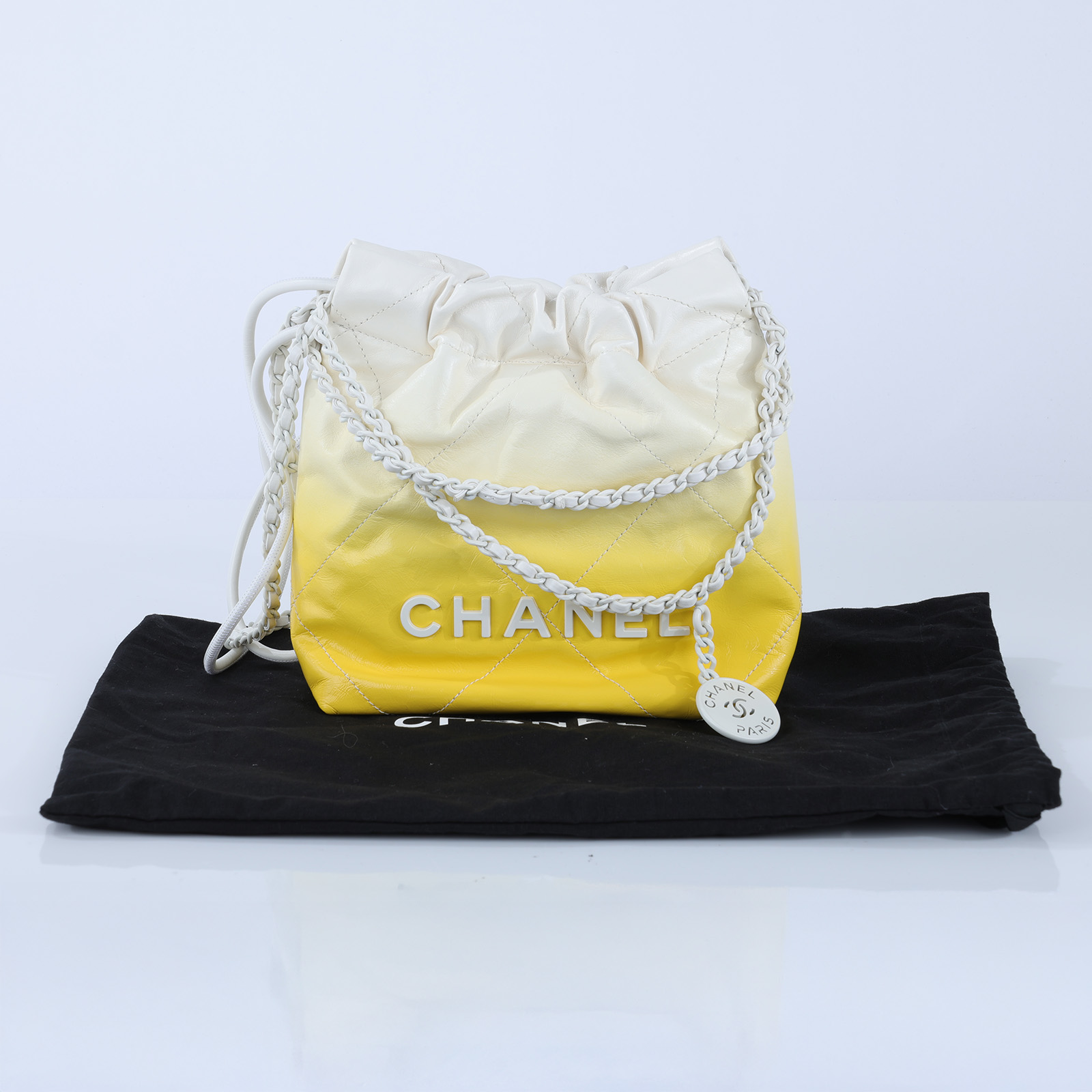 香奈兒 CHANEL 22 Mini 菱格紋 肩背包  晶片款 黃白漸層22 MINI 防塵袋