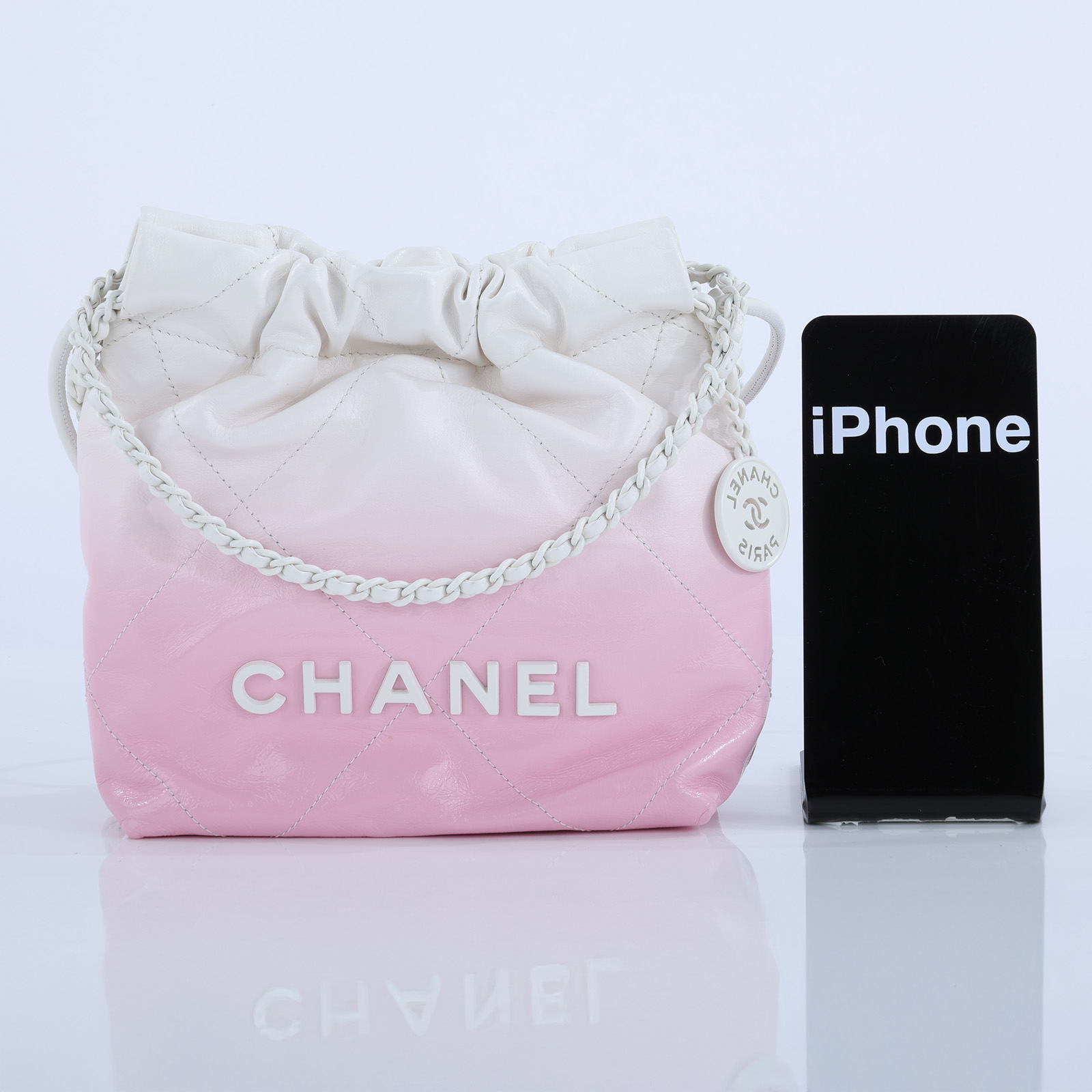 香奈兒 CHANEL 22 Mini 菱格紋 肩背包  晶片款 粉白漸層22 MINI 防塵袋