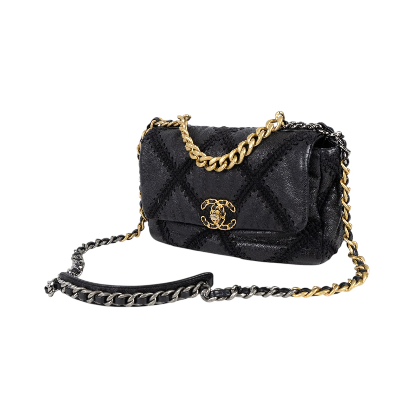 香奈兒 CHANEL 19 口蓋包 菱格紋 金銀鍊帶 手提 肩背包 AS1160 黑牛皮粗縫線19包小號 原廠盒子/防塵袋/保證卡