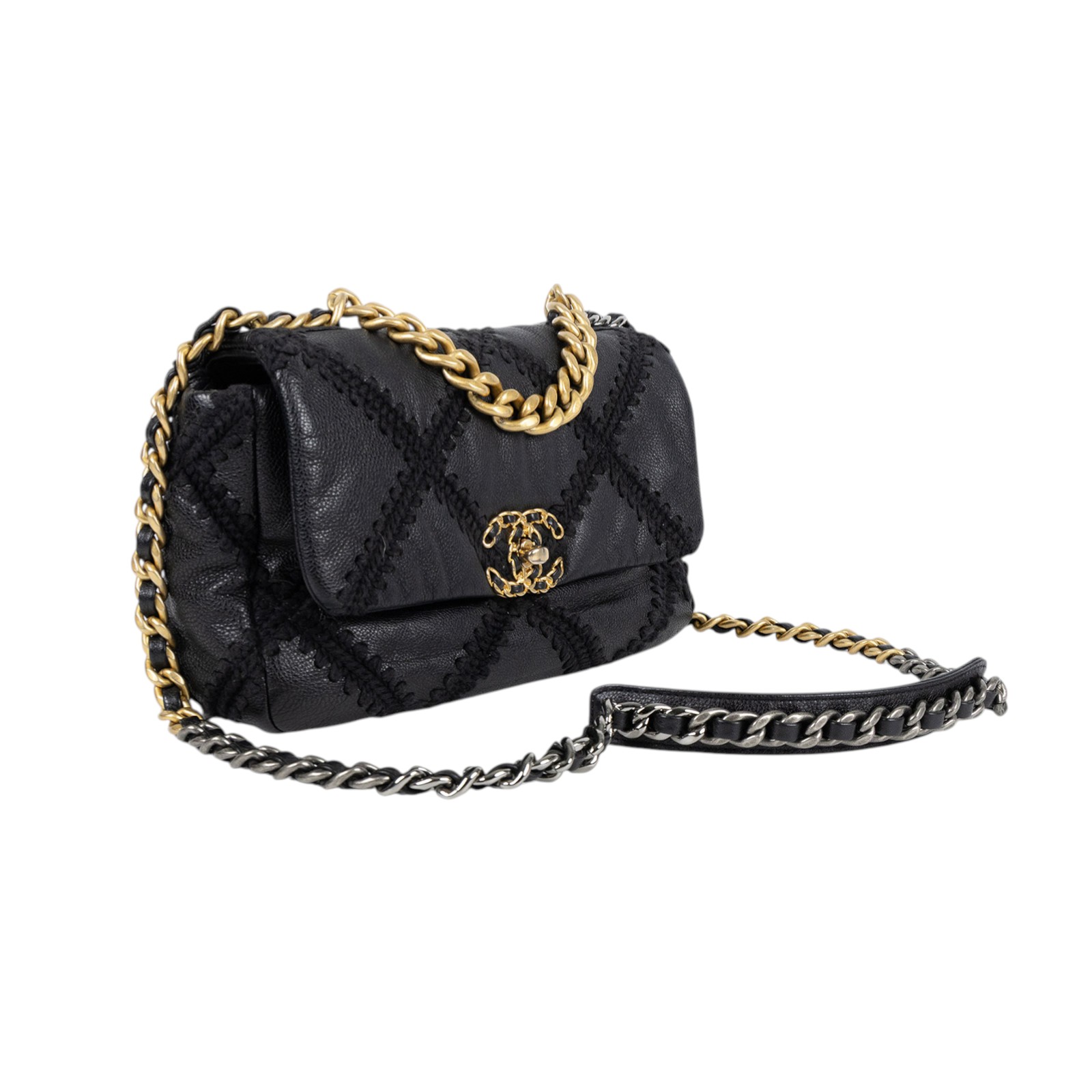 香奈兒 CHANEL 19 口蓋包 菱格紋 金銀鍊帶 手提 肩背包 AS1160 黑牛皮粗縫線19包小號 原廠盒子/防塵袋/保證卡