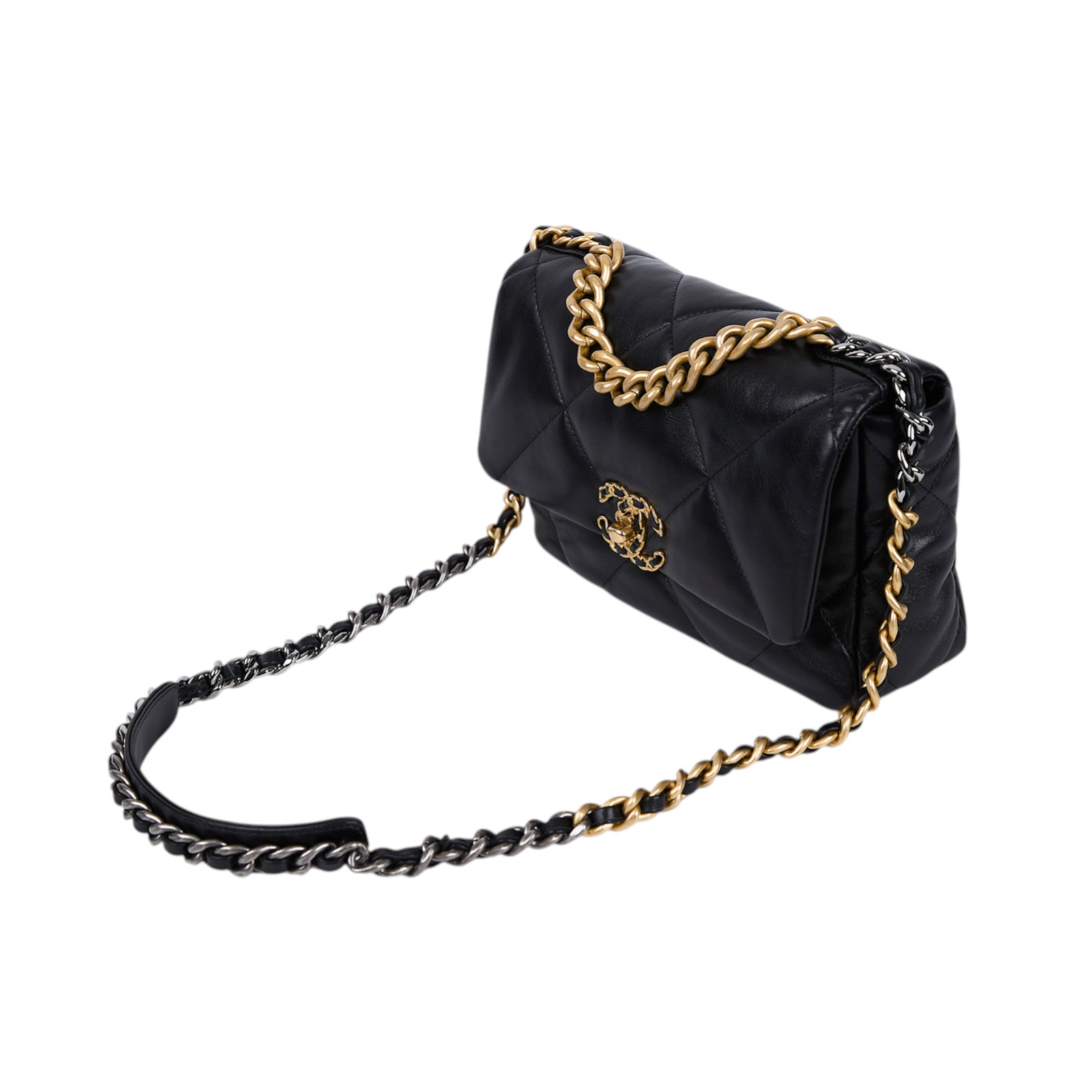 香奈兒 CHANEL 19 口蓋包 菱格紋 金銀鍊帶 手提 肩背包 AS1160 黑金羊19包 26CM 無附屬品