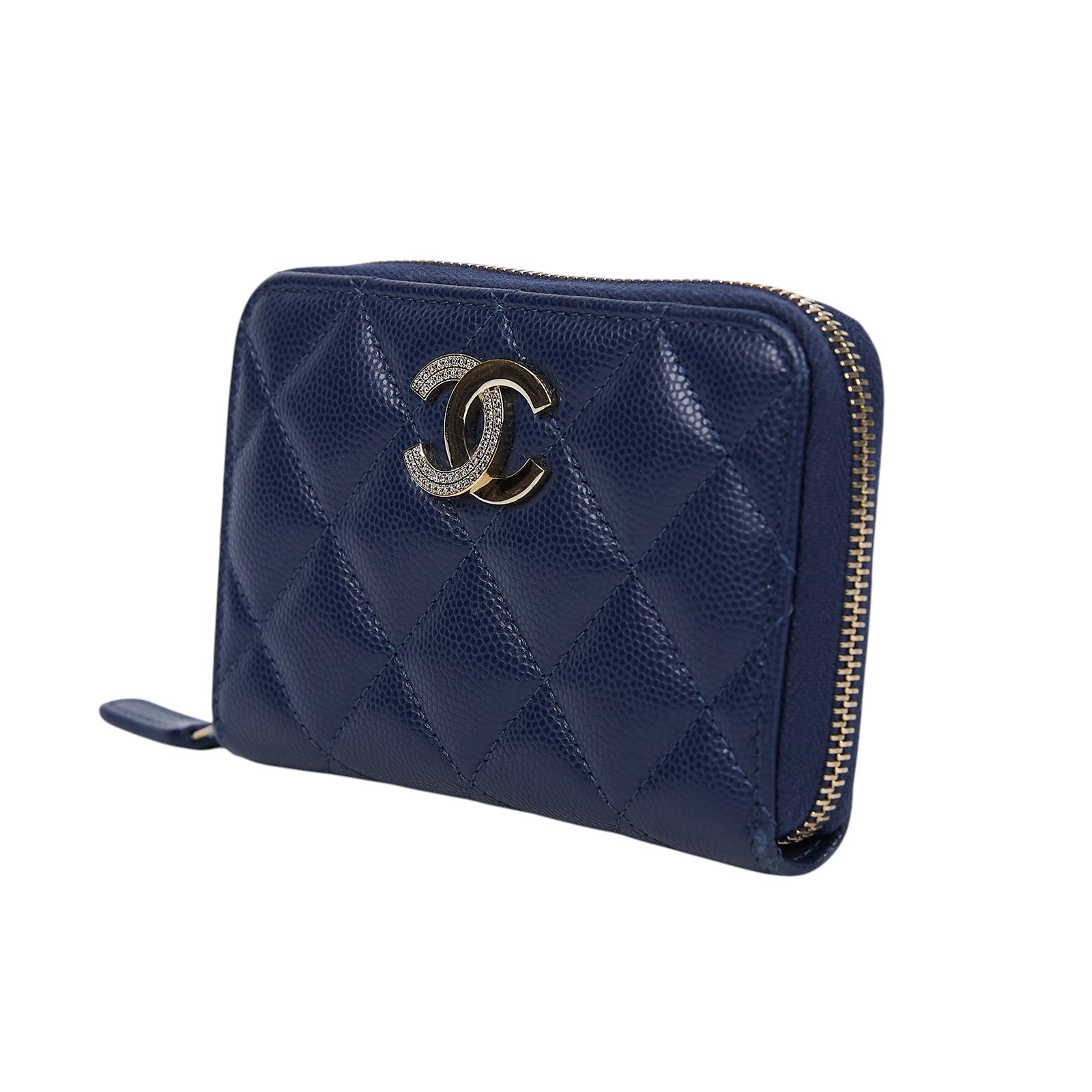 香奈兒 CHANEL 菱格紋 荔枝皮 小牛皮 零錢夾 AP4177 晶片款 藍半鑽雙C零錢卡包 原廠盒子/防塵袋/購買證明