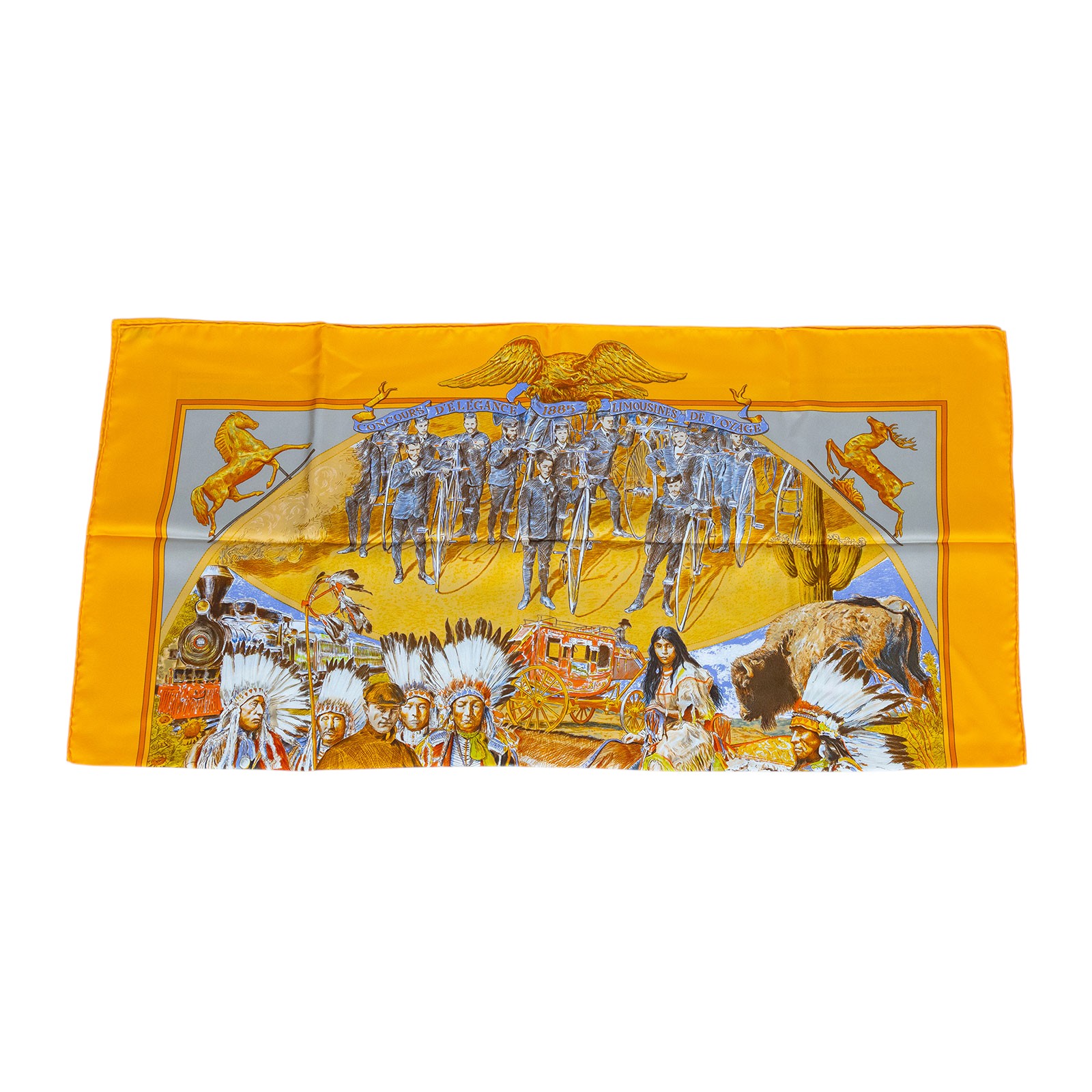 愛馬仕 Hermès Stately Wheels scarf 90 絲巾   黃印地安絲巾9090 原廠盒子