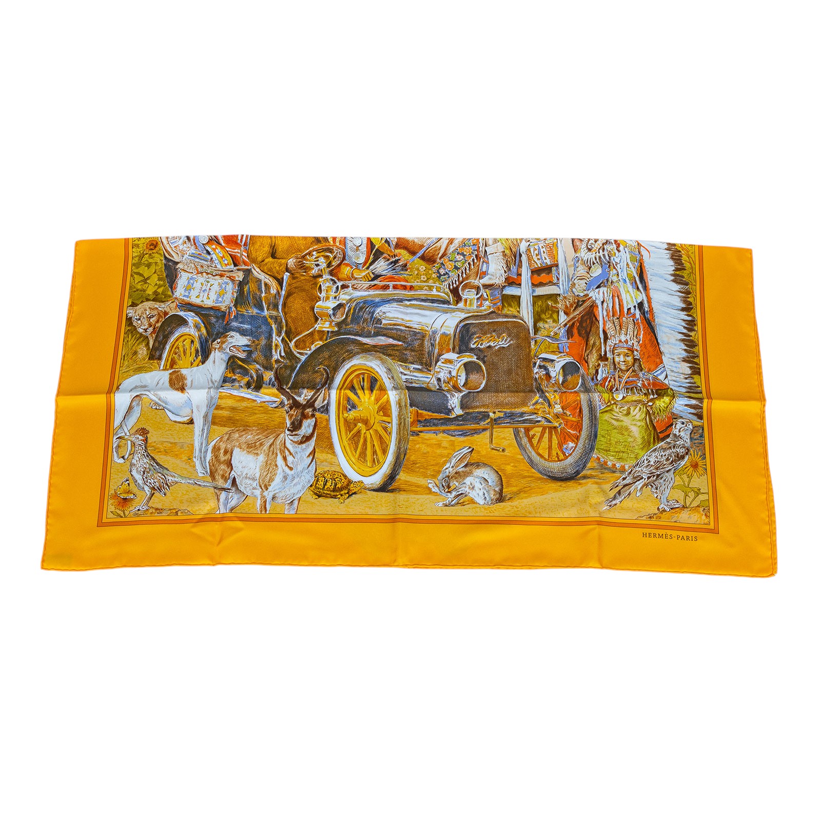 愛馬仕 Hermès Stately Wheels scarf 90 絲巾   黃印地安絲巾9090 原廠盒子