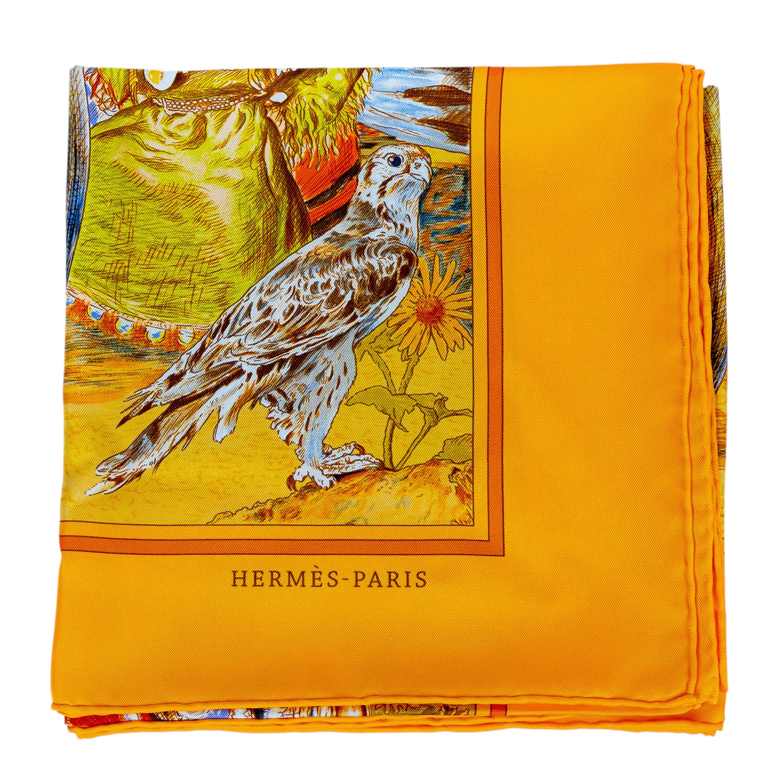 愛馬仕 Hermès Stately Wheels scarf 90 絲巾   黃印地安絲巾9090 原廠盒子