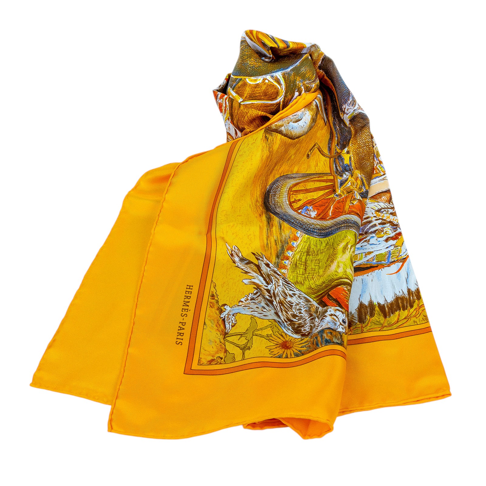 愛馬仕 Hermès Stately Wheels scarf 90 絲巾   黃印地安絲巾9090 原廠盒子