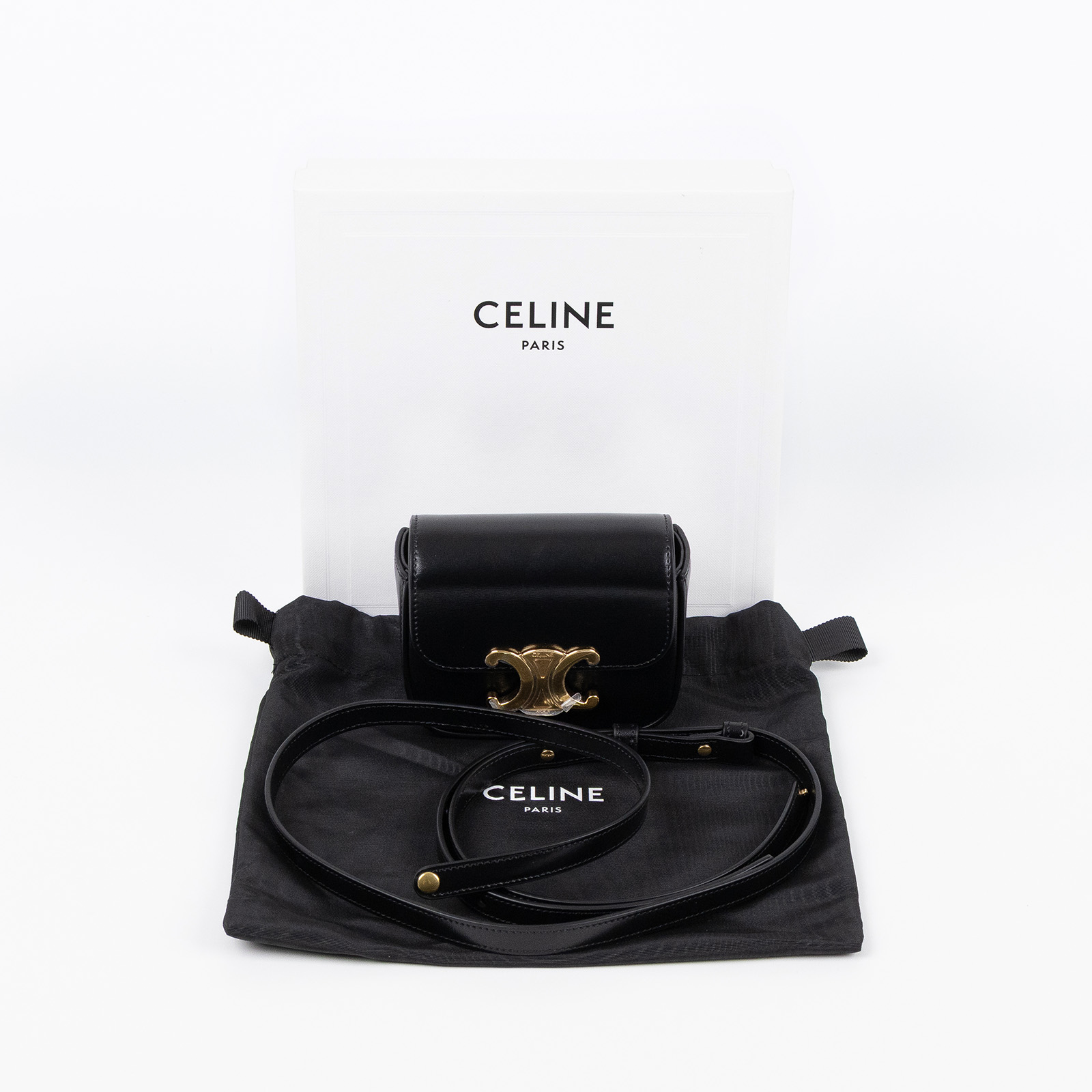 思琳 CELINE Claude 亮澤牛皮革 迷你 手袋 10I513DPV 黑MINI TRIOMPHE 原廠盒子/ 防塵袋