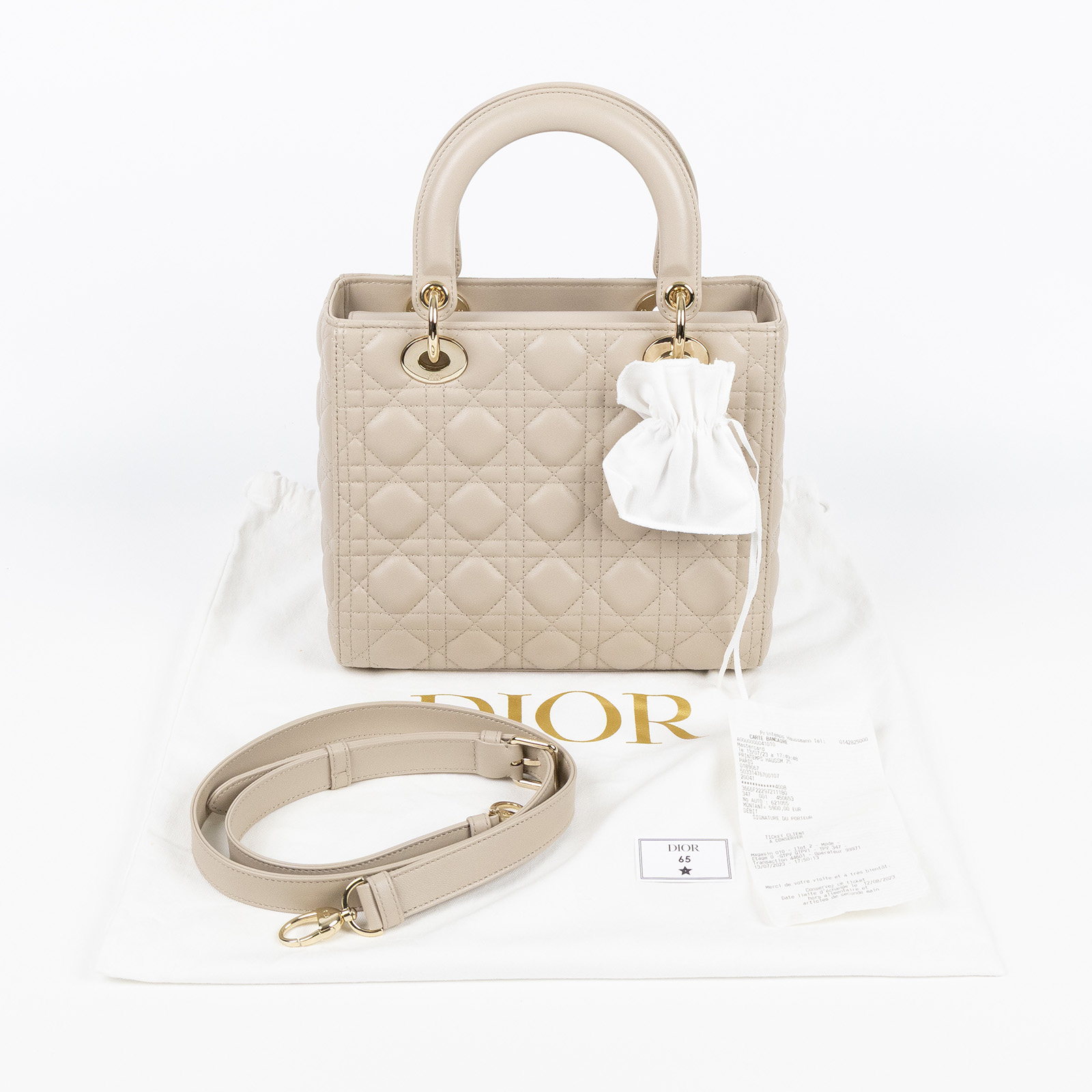 迪奧 CHRISTIAN DIOR Lady Dior 中型 肩背 斜背 手提包 M0565ONGE 米色LADY DIOR 5x5 新版 防塵袋