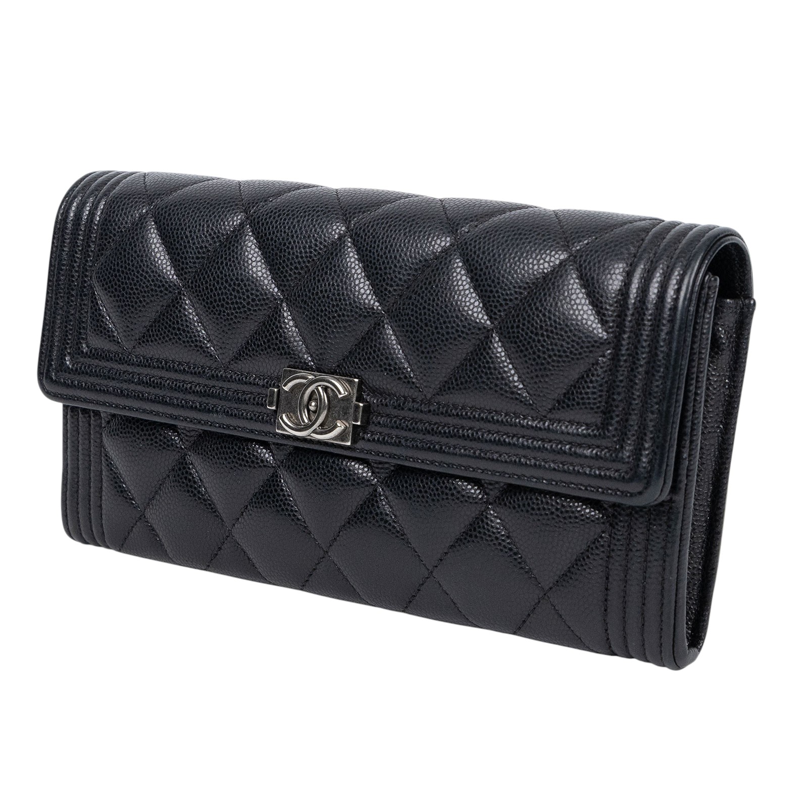 香奈兒 CHANEL Boy 雙C 荔枝皮 牛皮 釦式 長夾 A80286 29開 黑荔枝BOY長夾 防塵袋