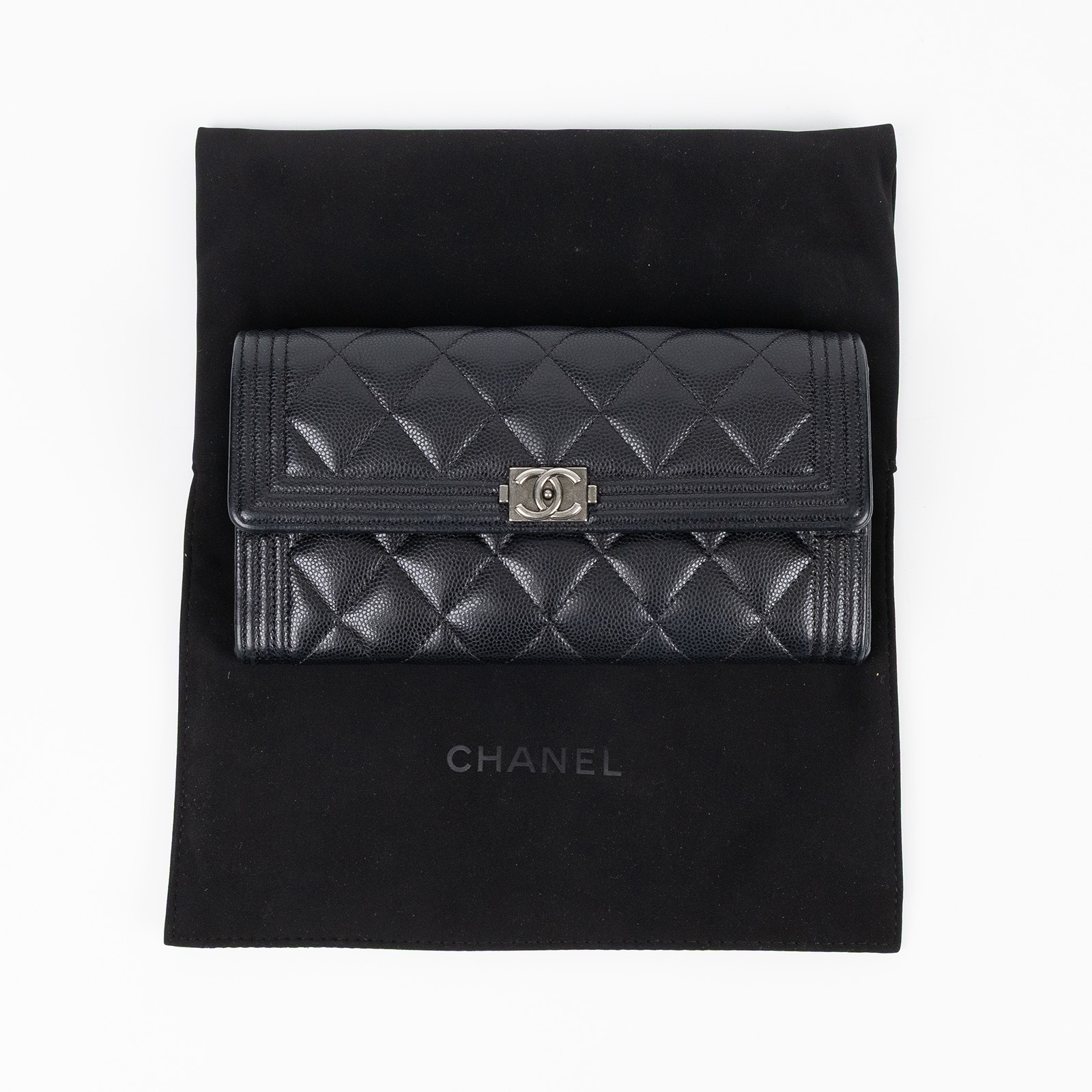 香奈兒 CHANEL Boy 雙C 荔枝皮 牛皮 釦式 長夾 A80286 29開 黑荔枝BOY長夾 防塵袋