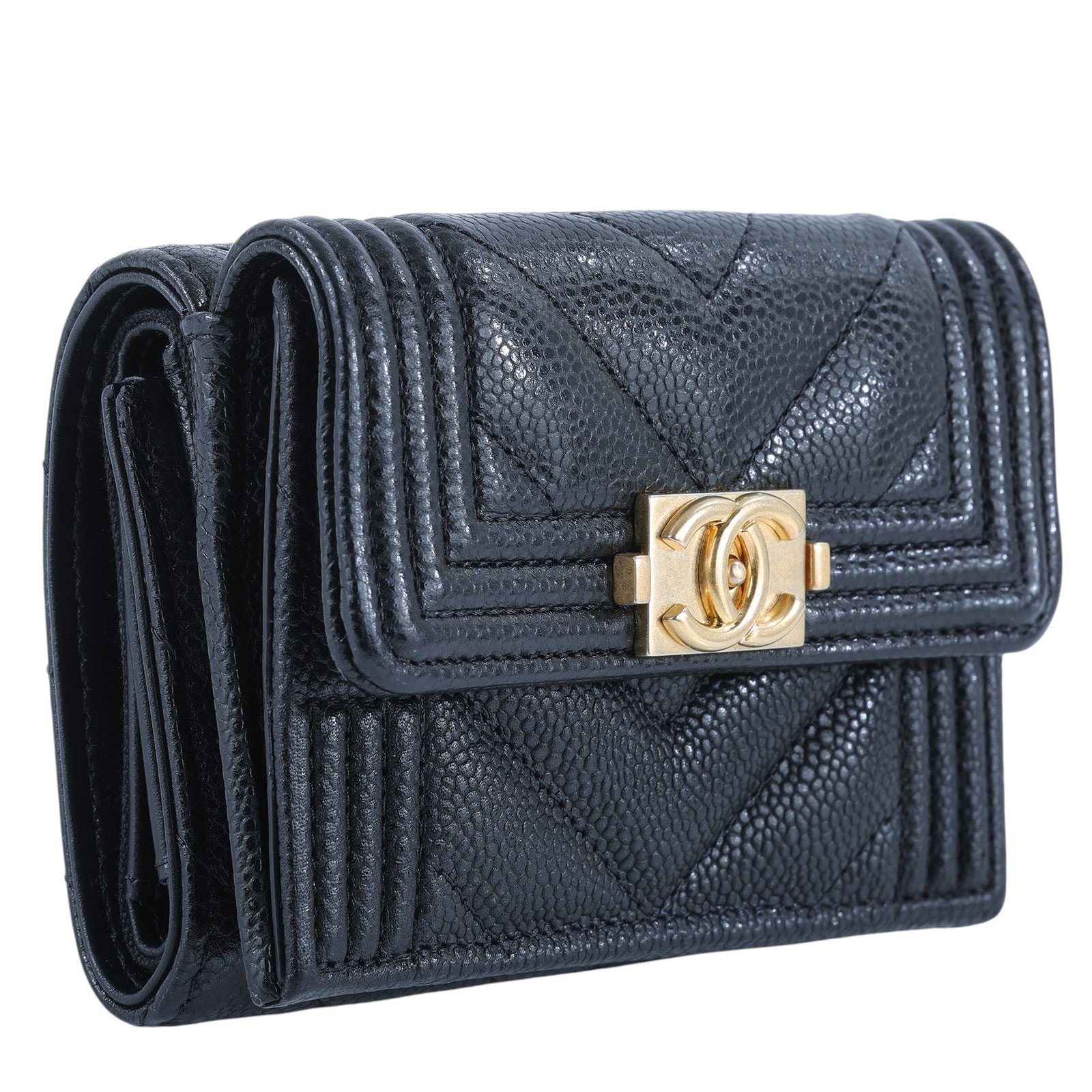 香奈兒 CHANEL Boy 錢包 三摺 短夾  晶片款 黑BOY三折山型紋短夾 防塵袋