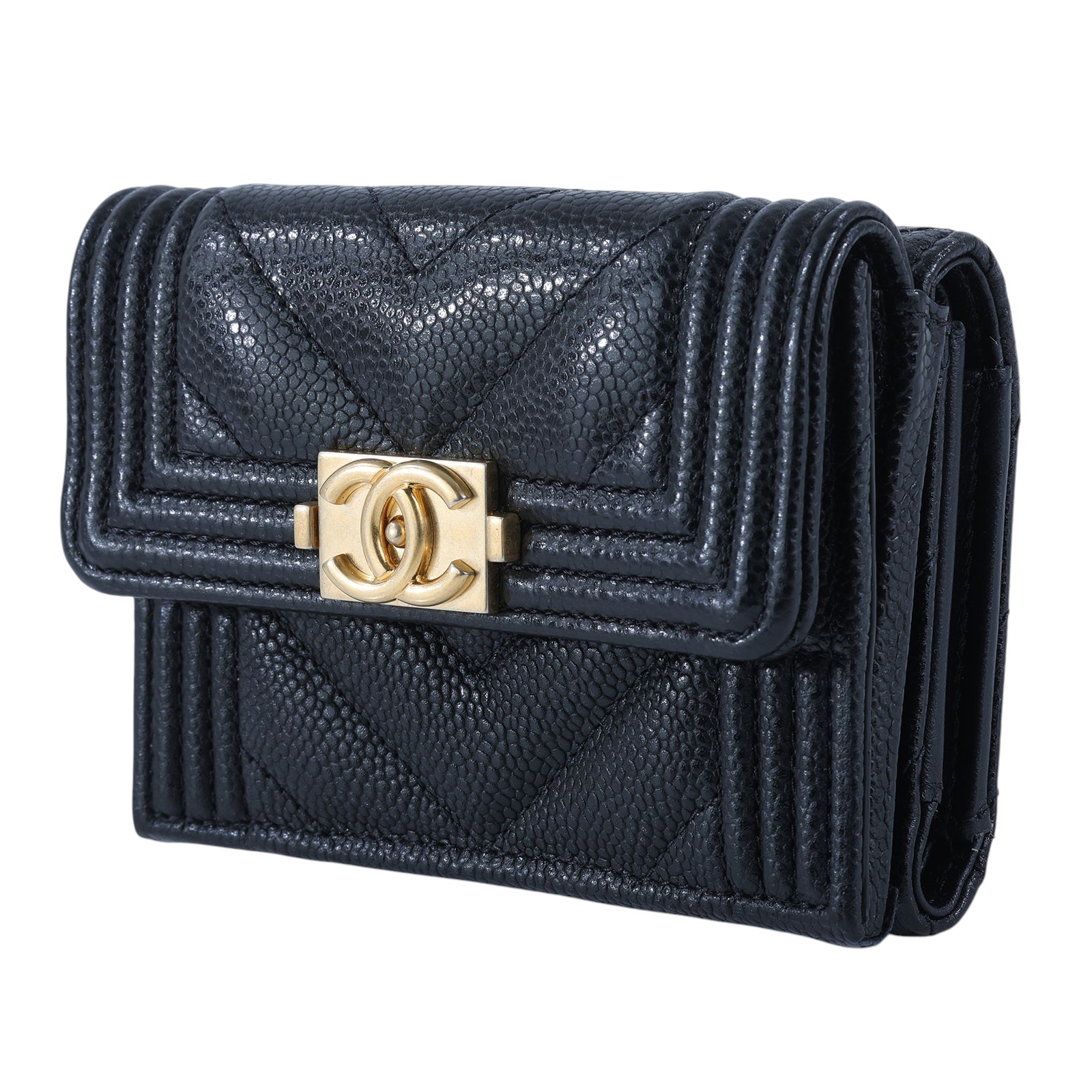 香奈兒 CHANEL Boy 錢包 三摺 短夾  晶片款 黑BOY三折山型紋短夾 防塵袋