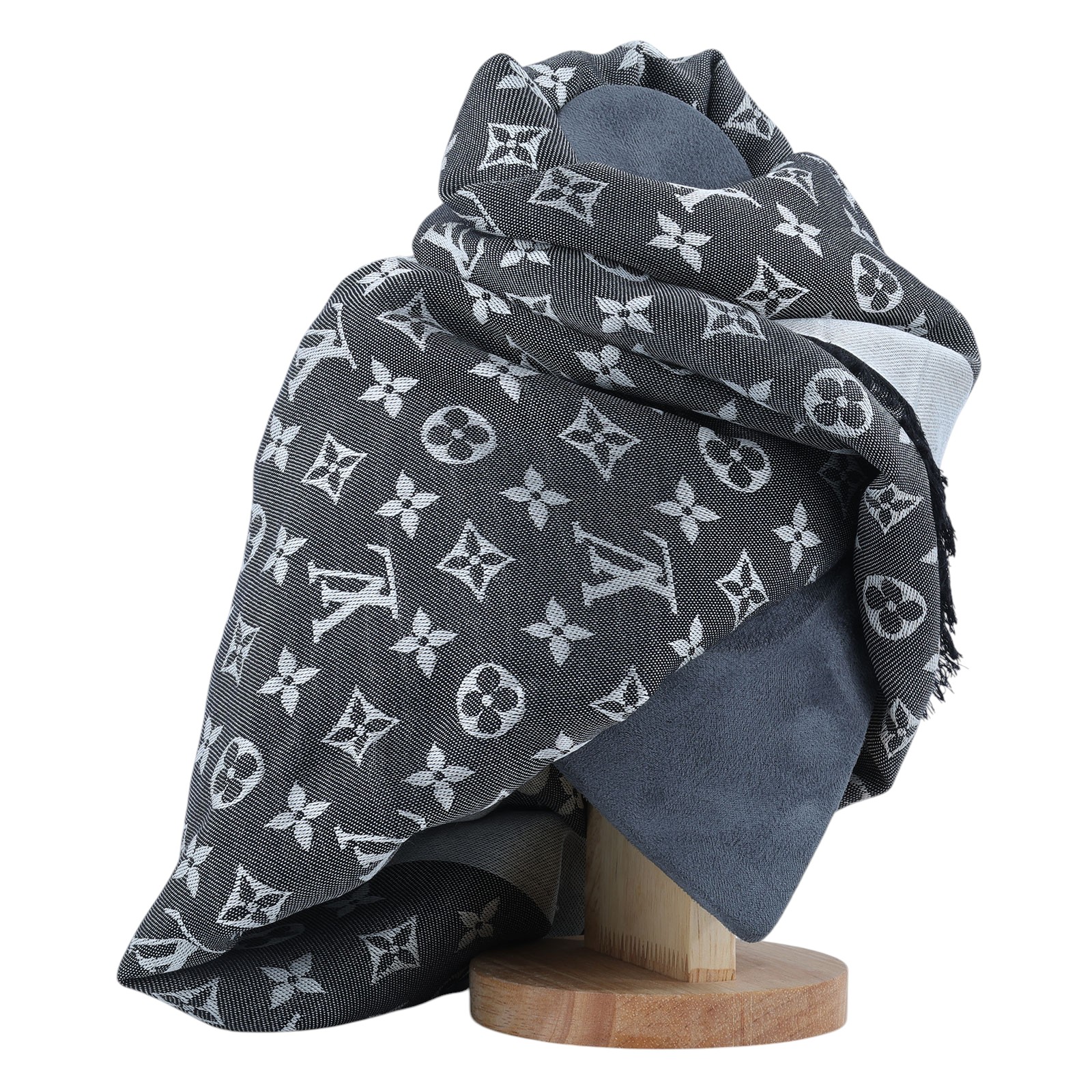 路易威登 LOUIS VUITTON Monogram Denim 披肩 黑色 M71378 黑原花圍巾 無附屬品