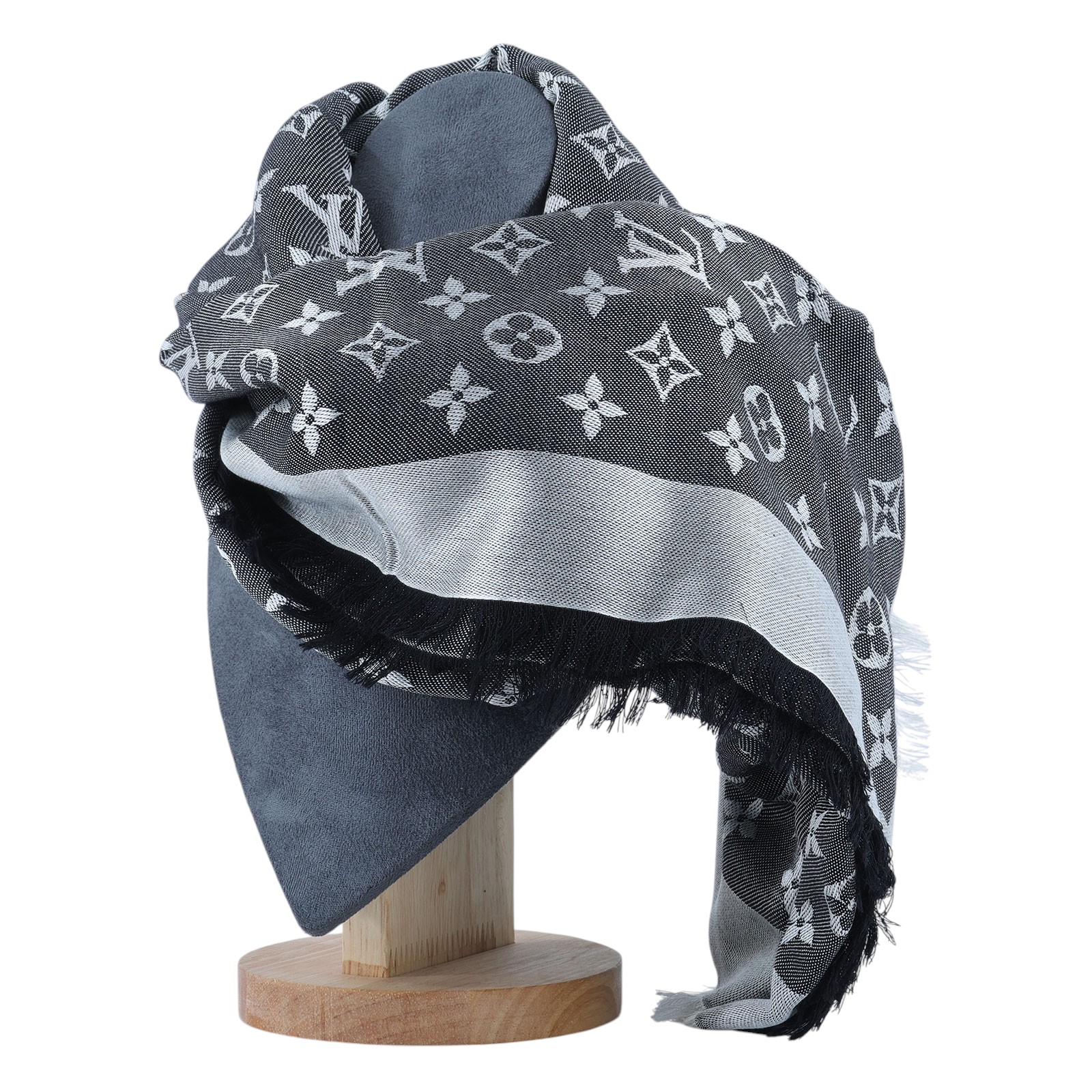 路易威登 LOUIS VUITTON Monogram Denim 披肩 黑色 M71378 黑原花圍巾 無附屬品
