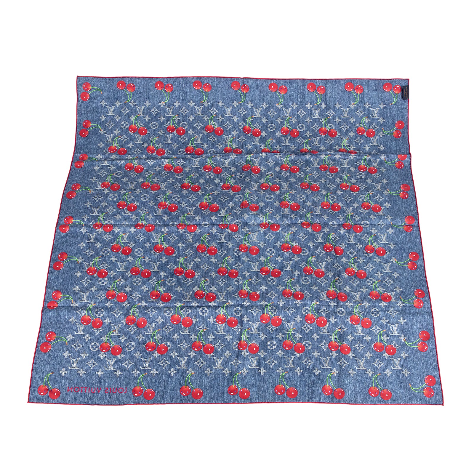 路易威登 LOUIS VUITTON Denim Cerise Square 90方巾 黑色 村上隆聯名 M96389 牛仔櫻桃印花絲巾 90CM 無附屬品