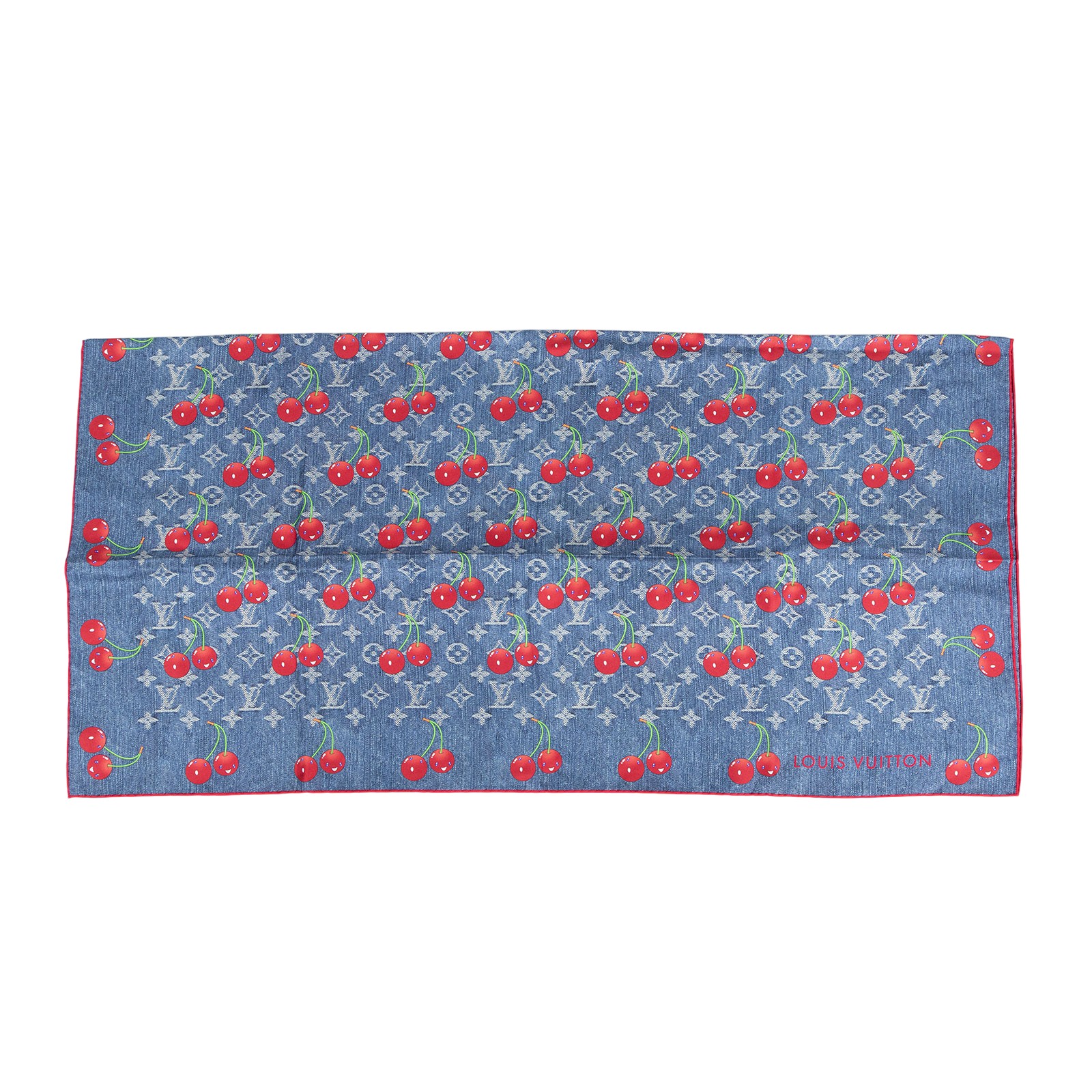 路易威登 LOUIS VUITTON Denim Cerise Square 90方巾 黑色 村上隆聯名 M96389 牛仔櫻桃印花絲巾 90CM 無附屬品