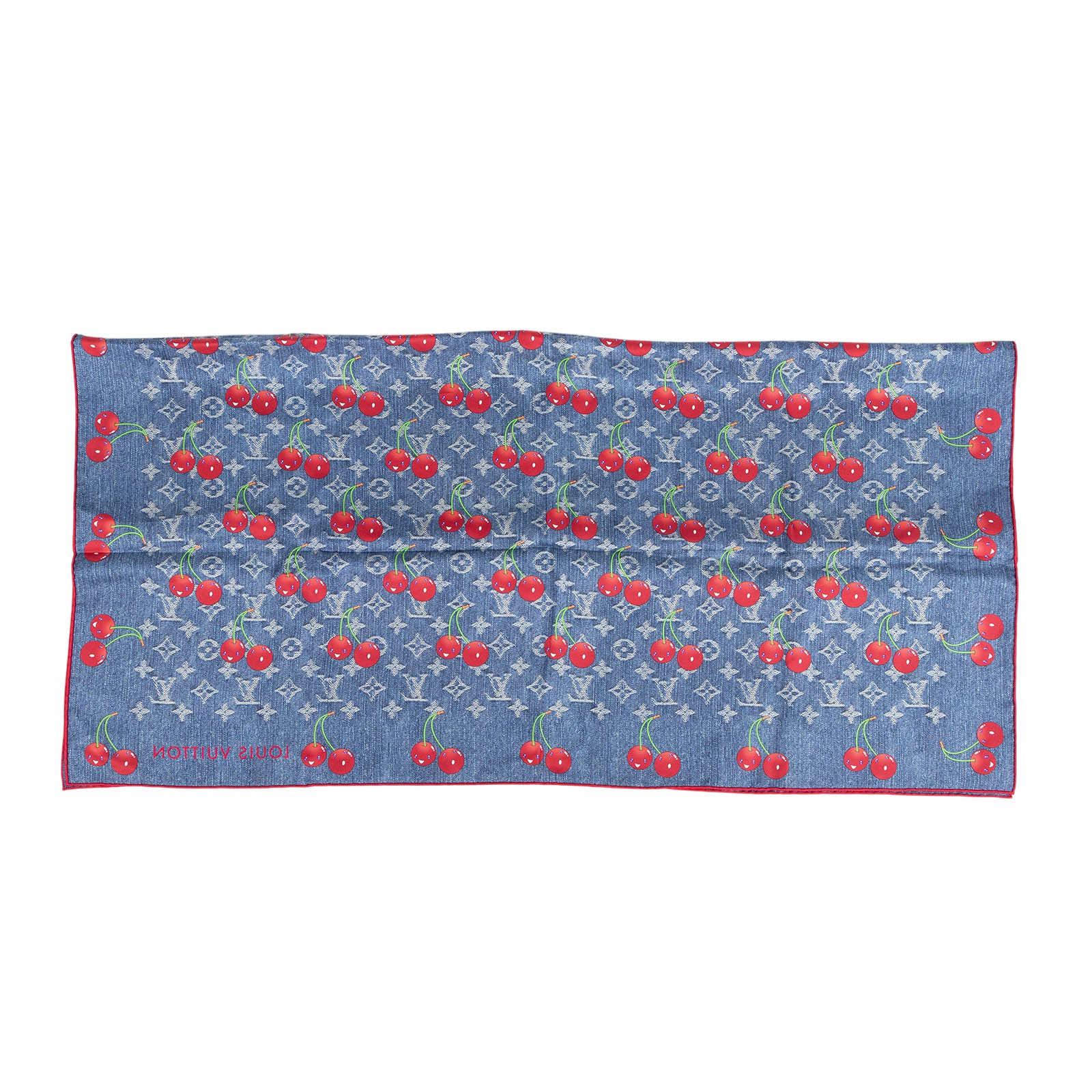 路易威登 LOUIS VUITTON Denim Cerise Square 90方巾 黑色 村上隆聯名 M96389 牛仔櫻桃印花絲巾 90CM 無附屬品