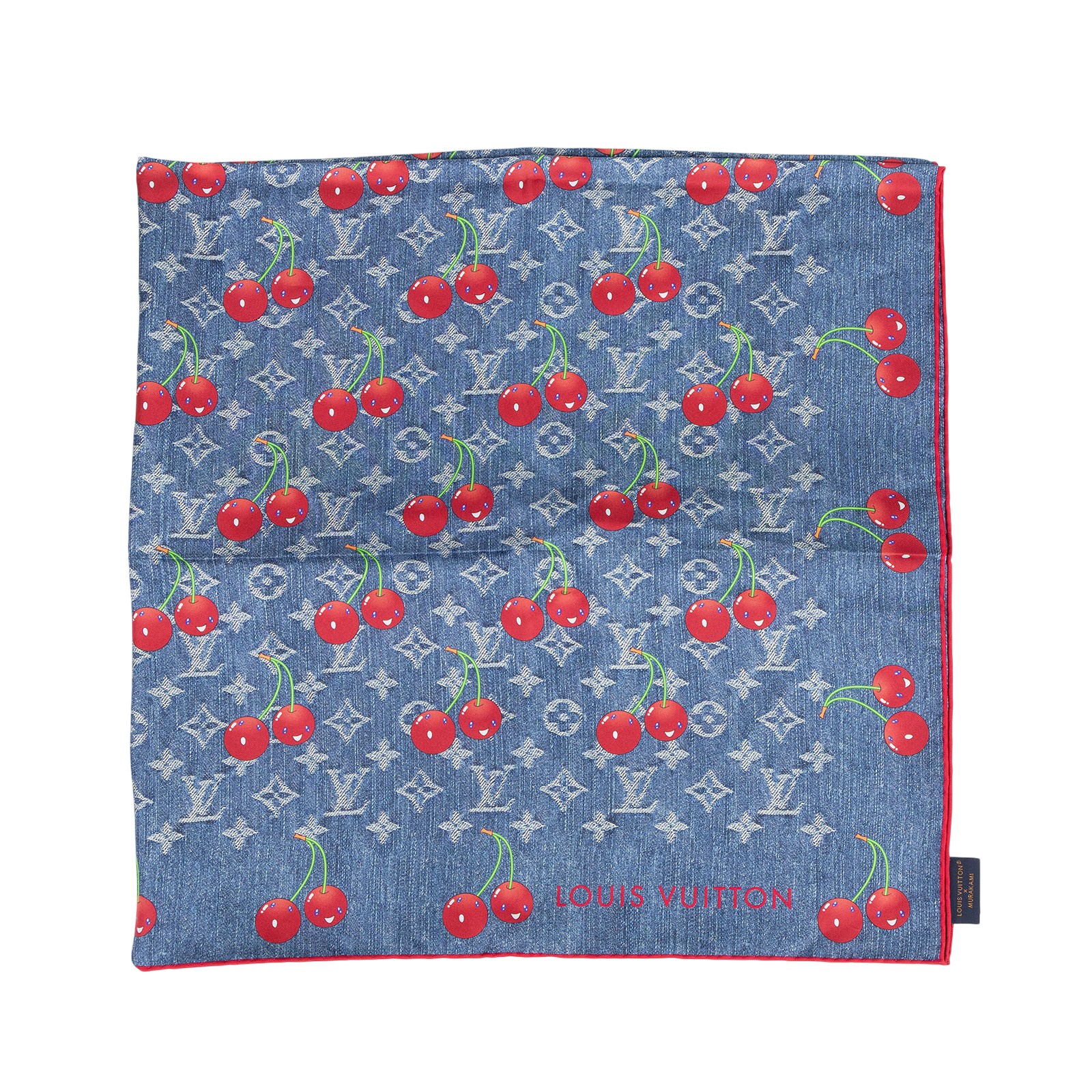 路易威登 LOUIS VUITTON Denim Cerise Square 90方巾 黑色 村上隆聯名 M96389 牛仔櫻桃印花絲巾 90CM 無附屬品