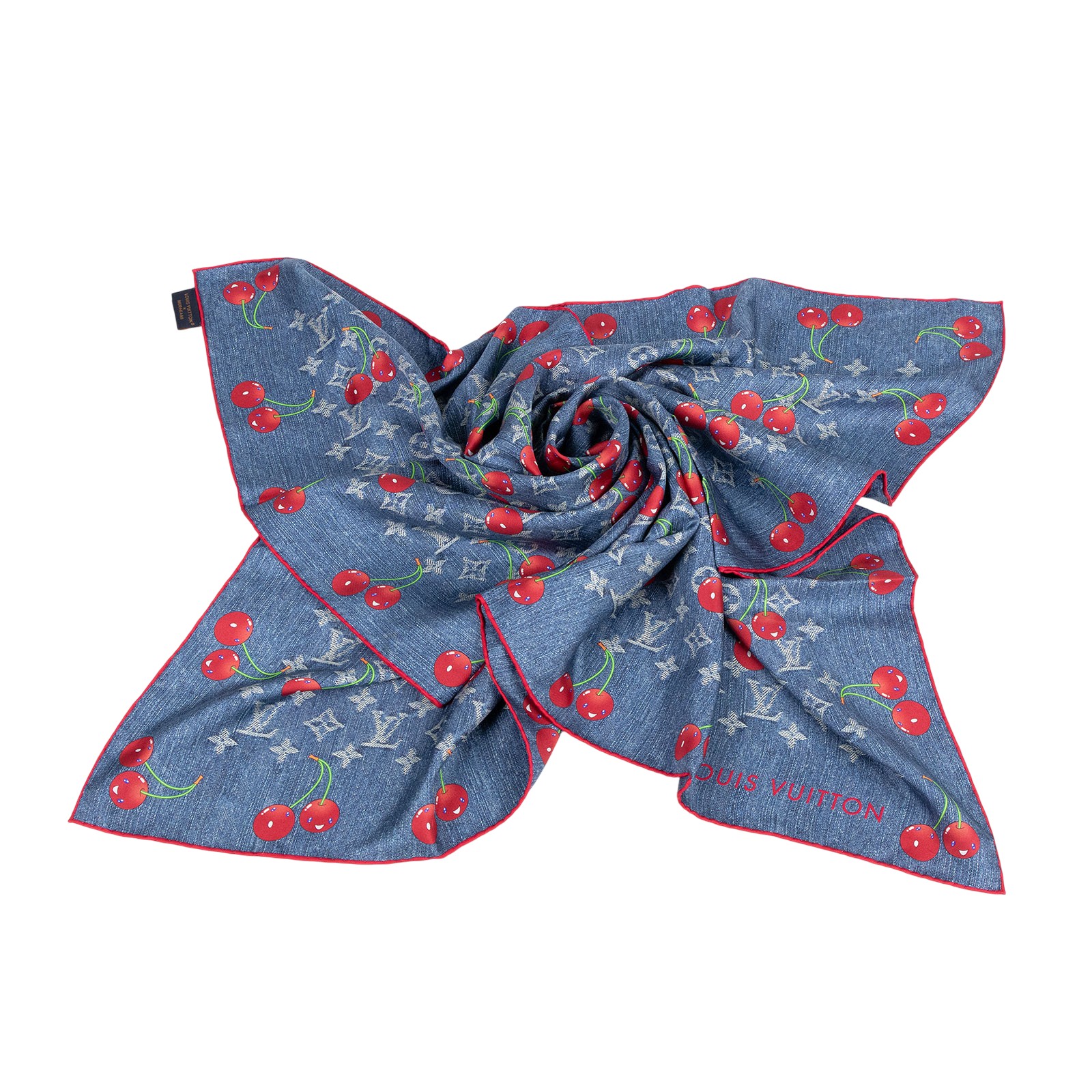 路易威登 LOUIS VUITTON Denim Cerise Square 90方巾 黑色 村上隆聯名 M96389 牛仔櫻桃印花絲巾 90CM 無附屬品