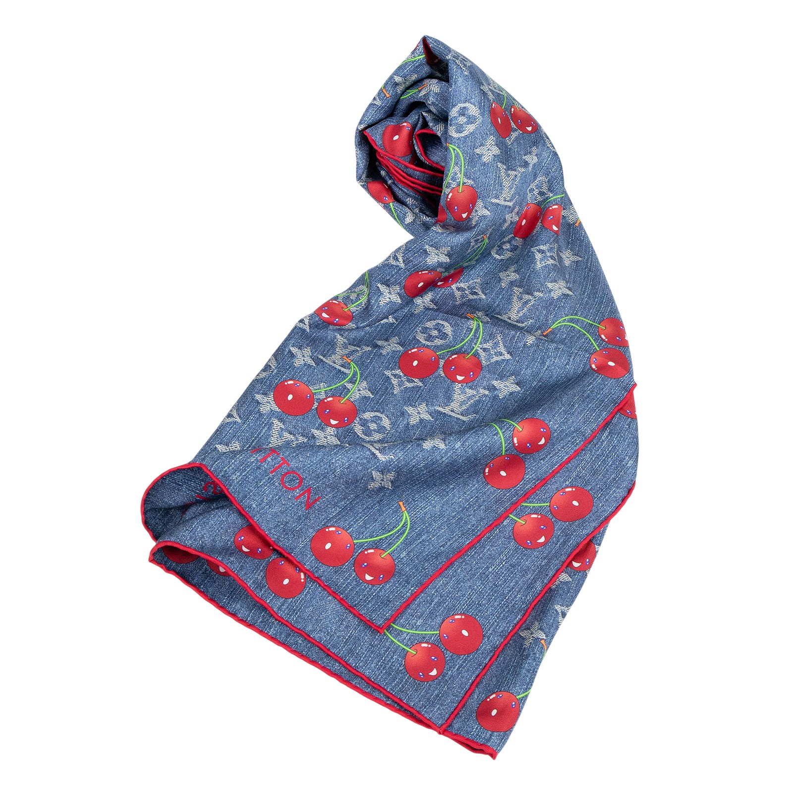 路易威登 LOUIS VUITTON Denim Cerise Square 90方巾 黑色 村上隆聯名 M96389 牛仔櫻桃印花絲巾 90CM 無附屬品