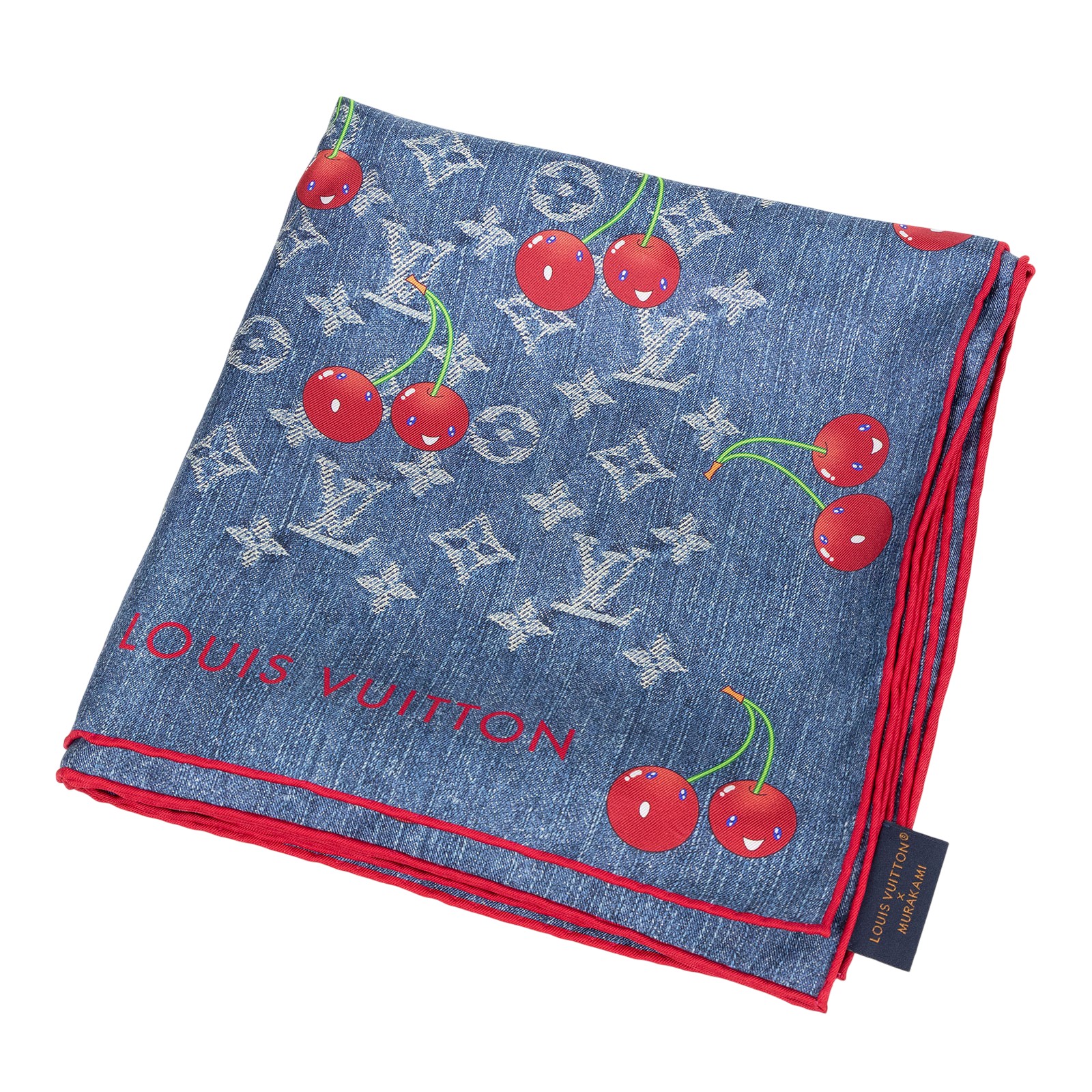 路易威登 LOUIS VUITTON Denim Cerise Square 90方巾 黑色 村上隆聯名 M96389 牛仔櫻桃印花絲巾 90CM 無附屬品