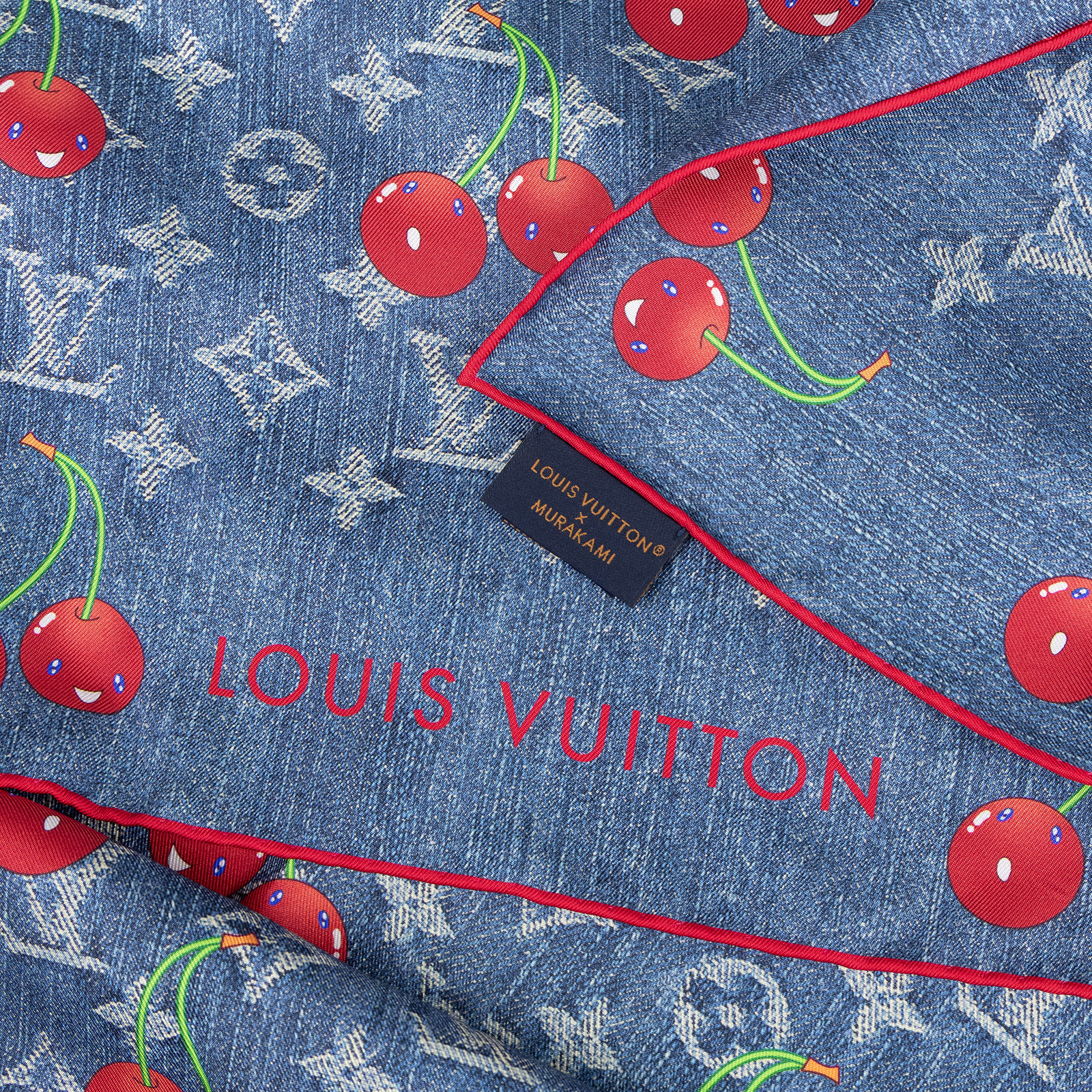 路易威登 LOUIS VUITTON Denim Cerise Square 90方巾 黑色 村上隆聯名 M96389 牛仔櫻桃印花絲巾 90CM 無附屬品