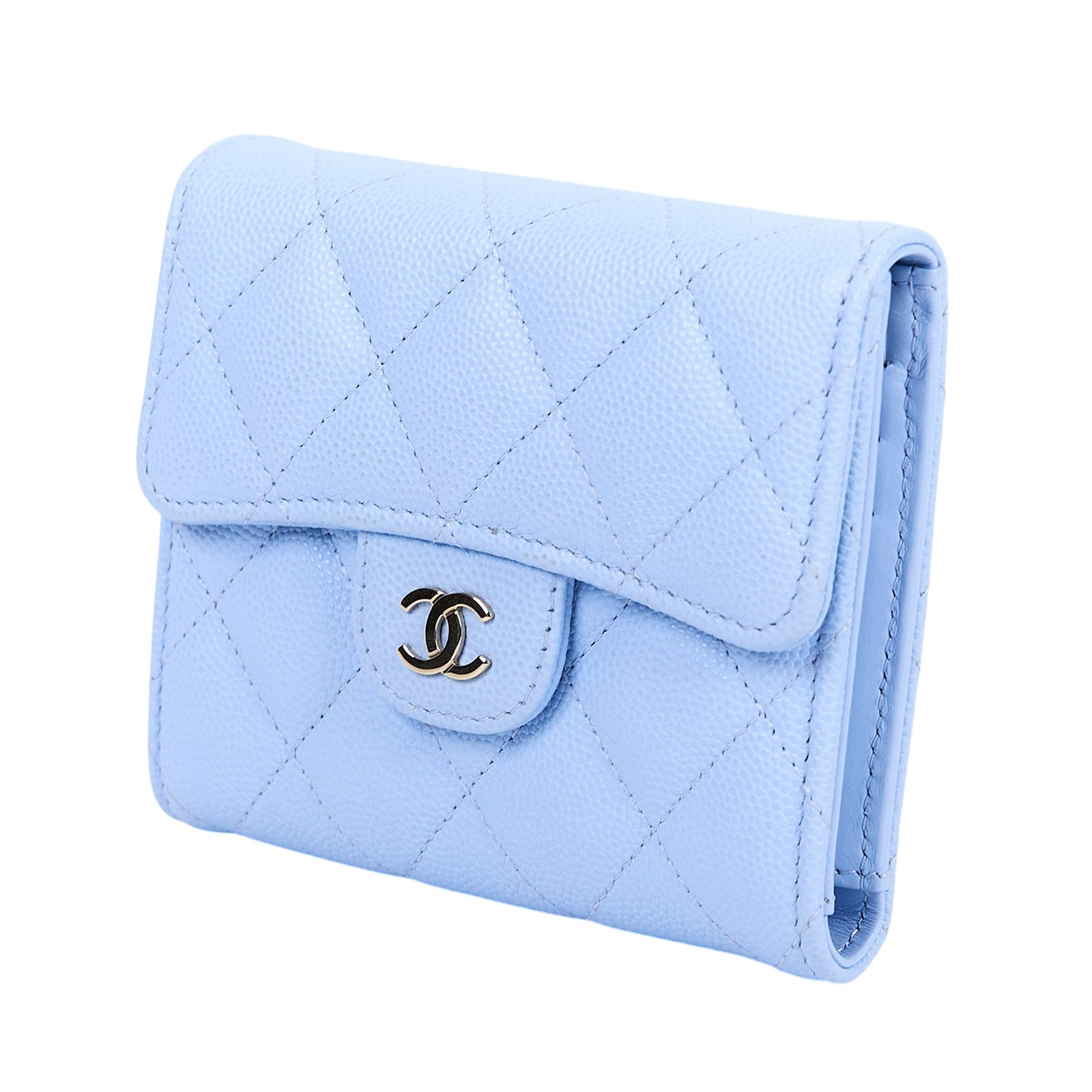香奈兒 CHANEL 經典 小型 口蓋 皮夾 小牛皮 短夾  AP0231 Y33352 晶片款 寶寶藍荔枝三折短夾 原廠盒子/防塵袋/購買證明