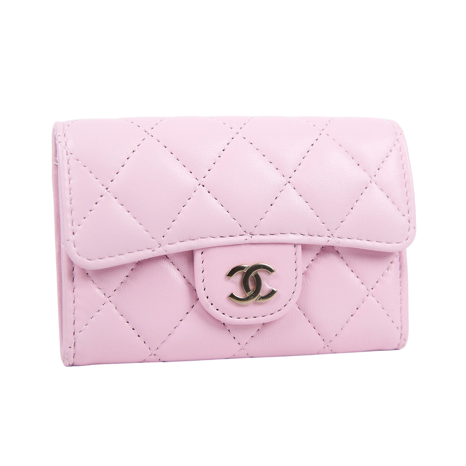 香奈兒 CHANEL 經典口蓋卡片夾 AP0214 晶片款 粉色菱格卡包 防塵袋/原廠盒子