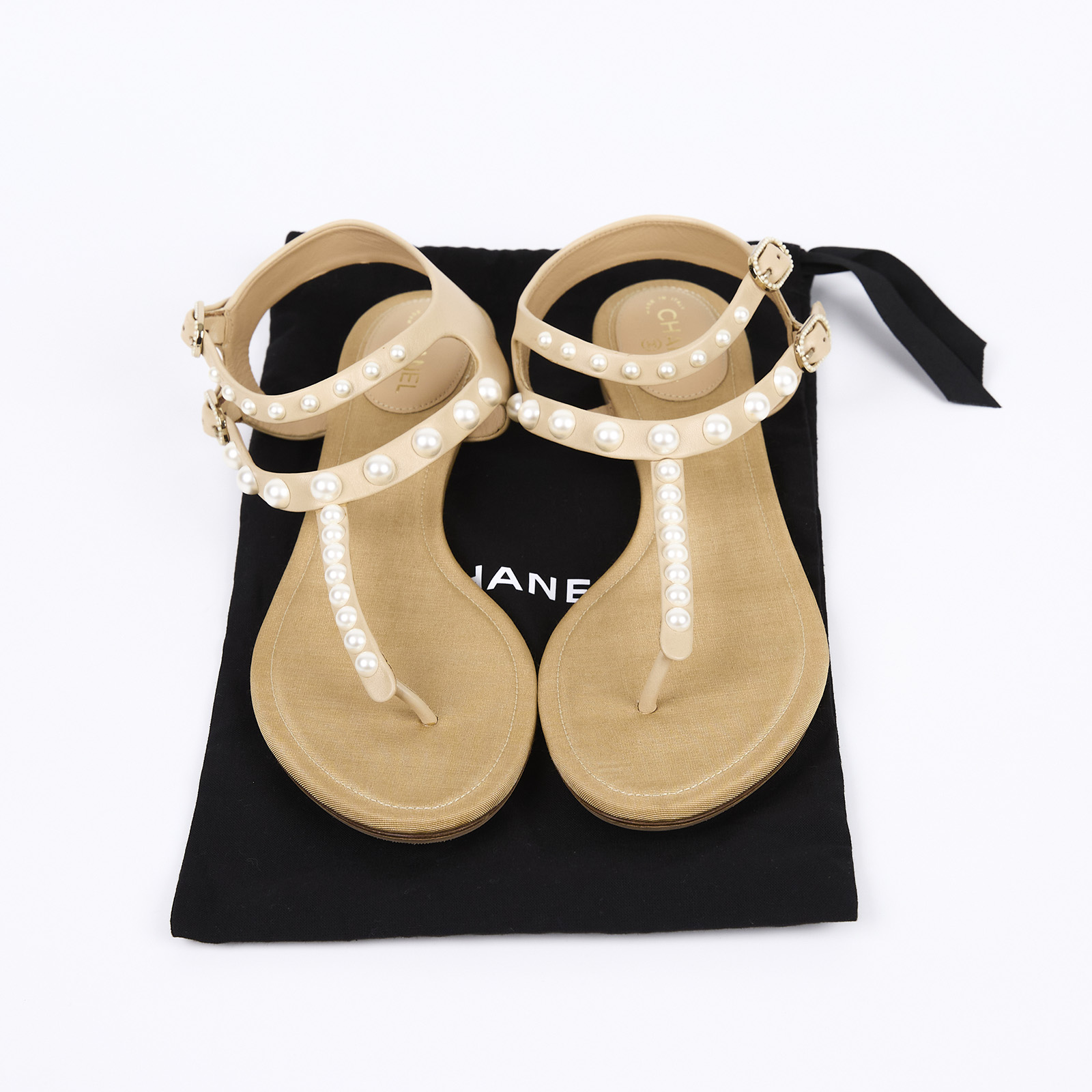 香奈兒 CHANEL 涼鞋  裸色珍珠涼鞋 防塵袋