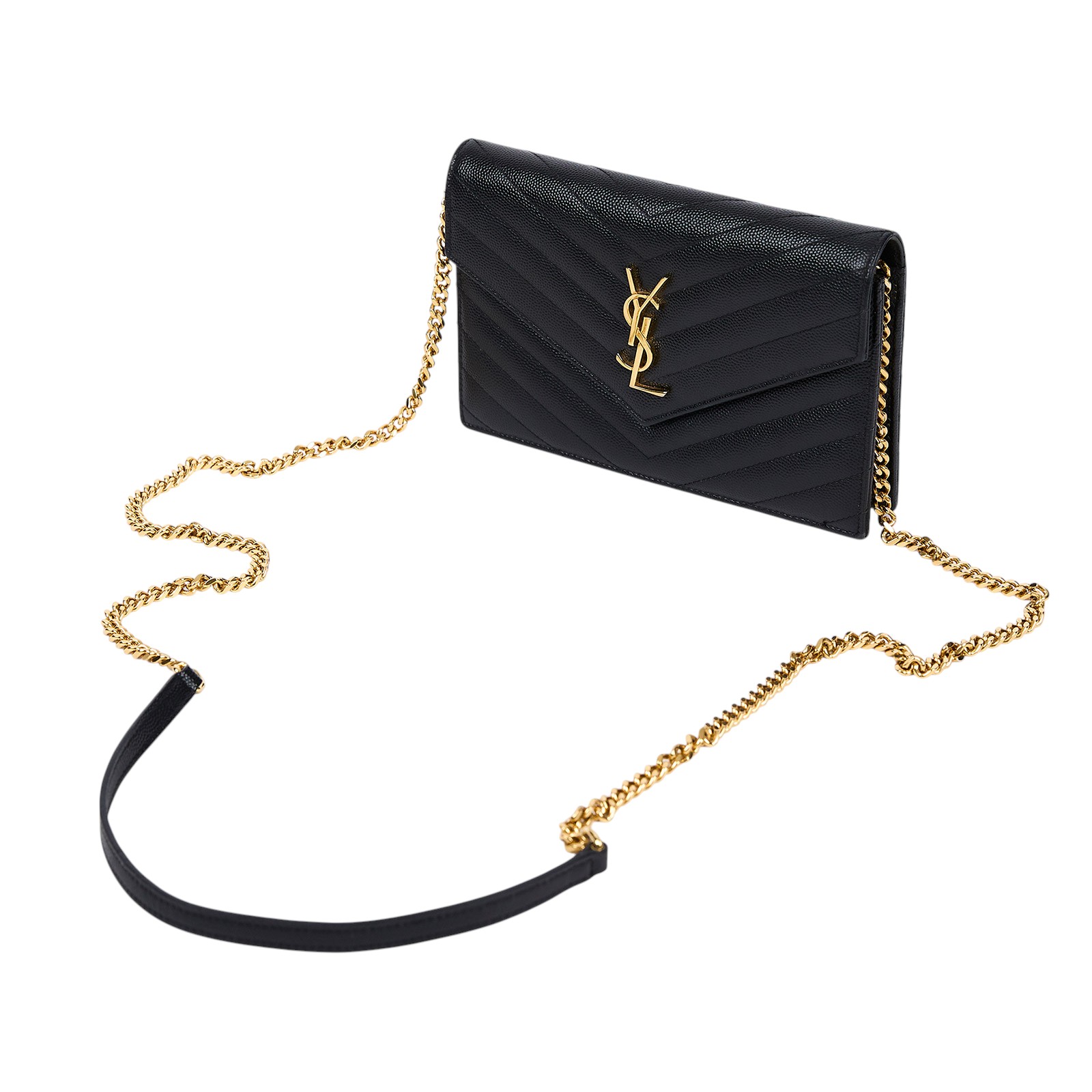 聖羅蘭 YSL SAINT LAURENT 山形紋 鏈袋 信封包 金扣 393953BOW01 黑金魚子醬WOC 防塵袋