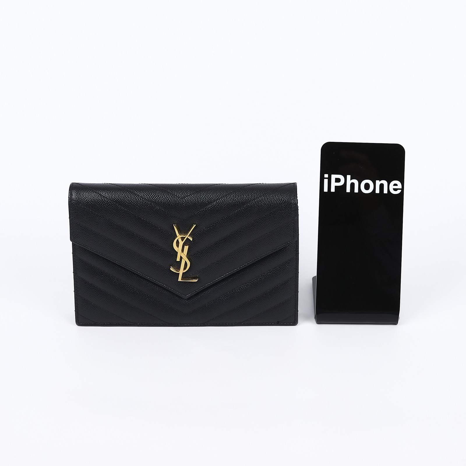 聖羅蘭 YSL SAINT LAURENT 山形紋 鏈袋 信封包 金扣 393953BOW01 黑金魚子醬WOC 防塵袋