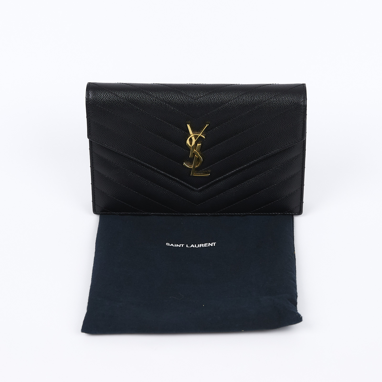 聖羅蘭 YSL SAINT LAURENT 山形紋 鏈袋 信封包 金扣 393953BOW01 黑金魚子醬WOC 防塵袋