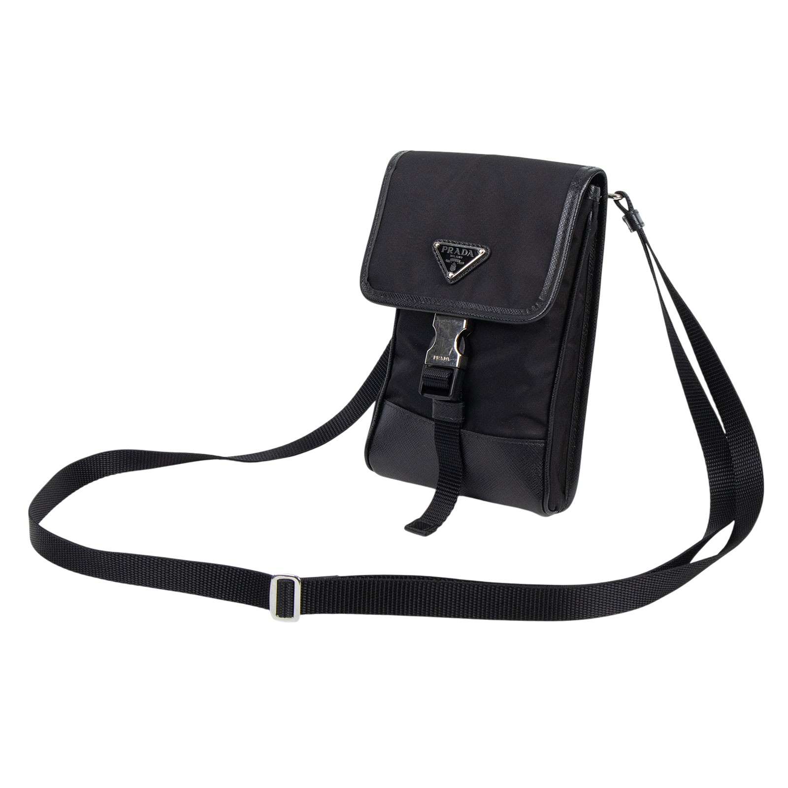 普拉達 PRADA Re-Nylon Saffiano 皮革 智慧型手機 保護套 2ZH109_2DMH 黑尼龍手機包 原廠盒子/保證卡