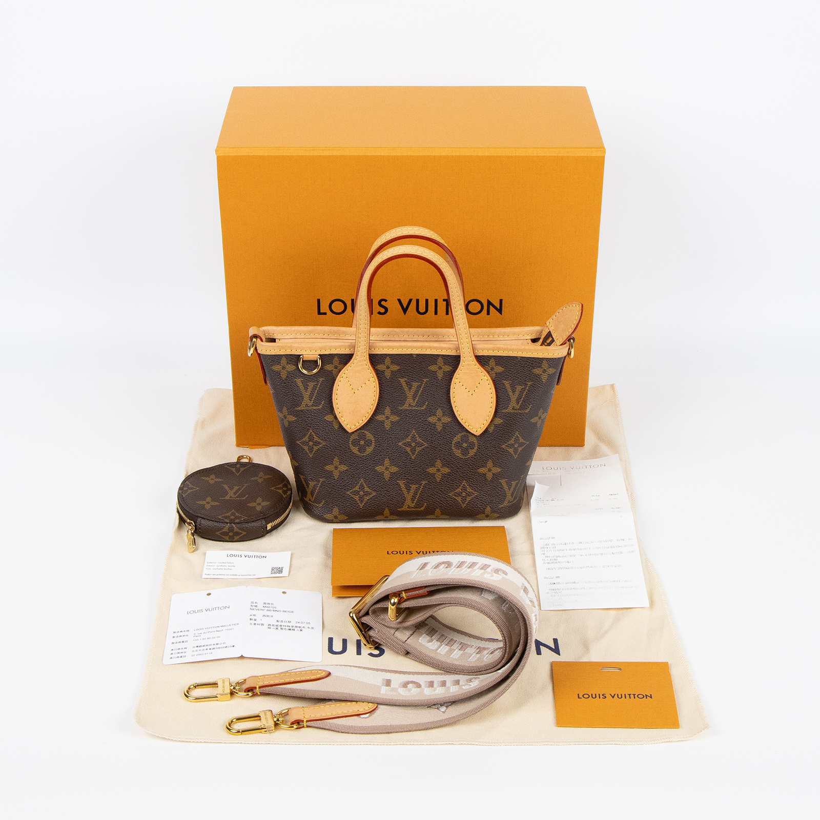 路易威登 LOUIS VUITTON Neverfull BB 單肩包 托特包 M46705 晶片款  原廠盒子/防塵袋/購買證明/背帶/圓零錢包