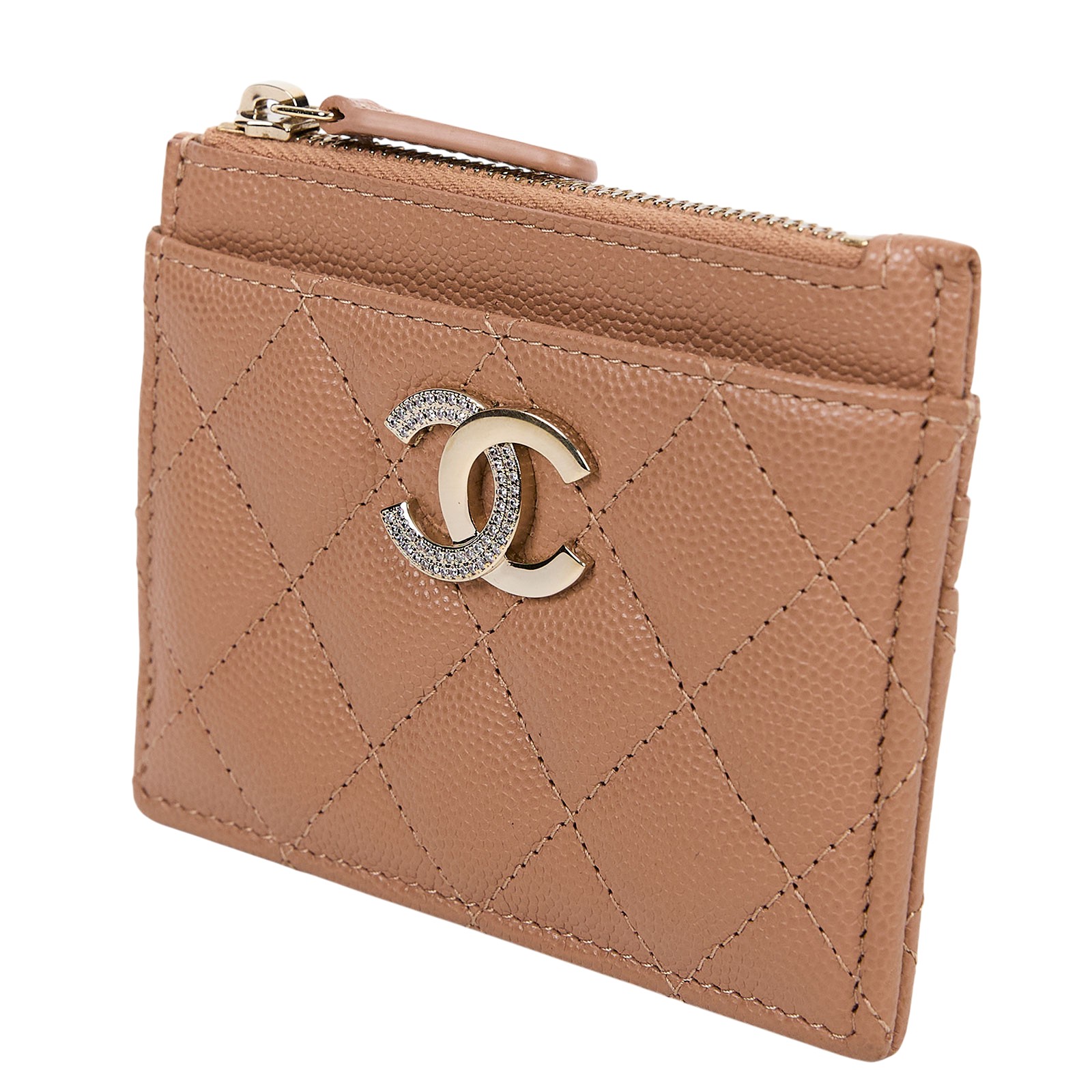 香奈兒 CHANEL 拉鍊 零錢包 卡片夾  晶片款 奶茶色水鑽雙C卡包 原廠盒子/防塵袋