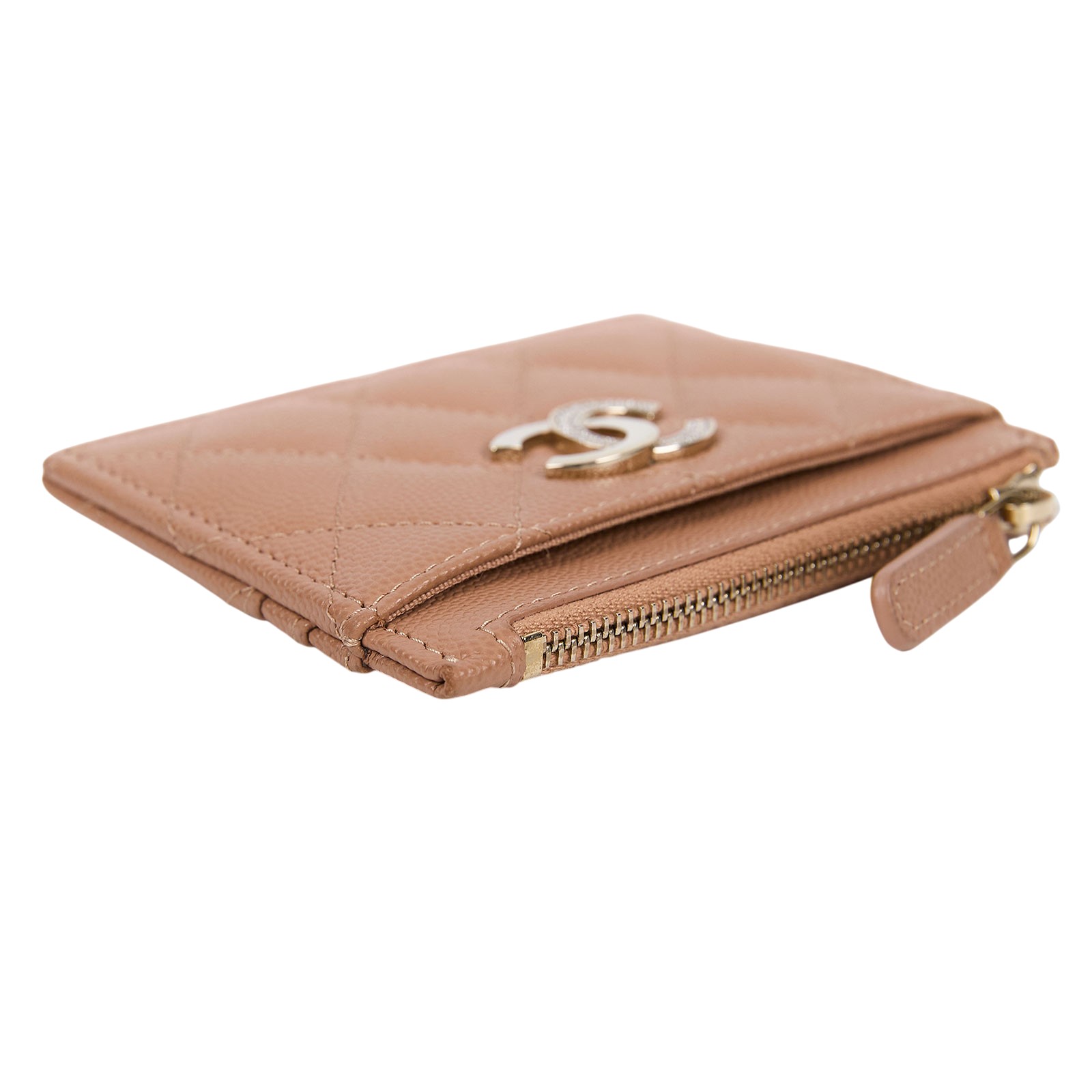 香奈兒 CHANEL 拉鍊 零錢包 卡片夾  晶片款 奶茶色水鑽雙C卡包 原廠盒子/防塵袋