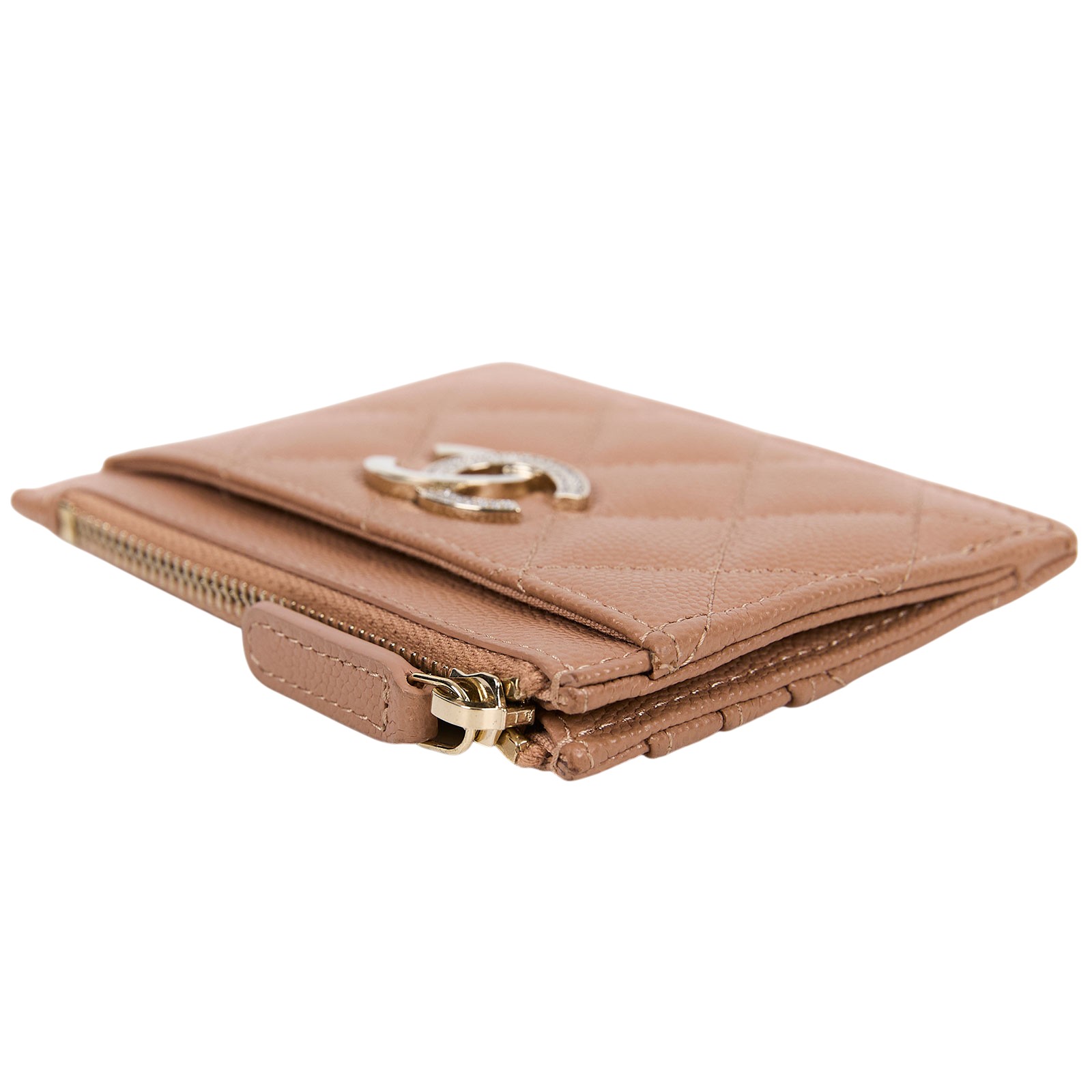 香奈兒 CHANEL 拉鍊 零錢包 卡片夾  晶片款 奶茶色水鑽雙C卡包 原廠盒子/防塵袋