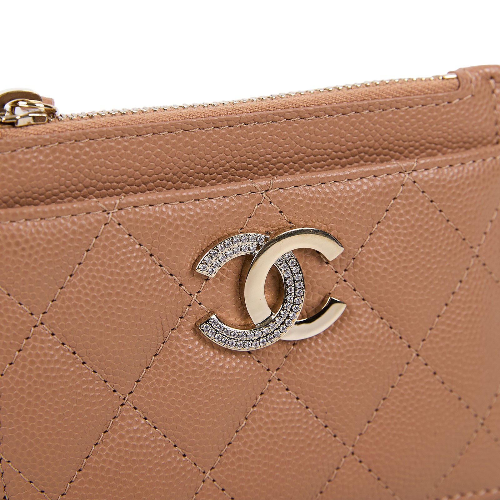 香奈兒 CHANEL 拉鍊 零錢包 卡片夾  晶片款 奶茶色水鑽雙C卡包 原廠盒子/防塵袋