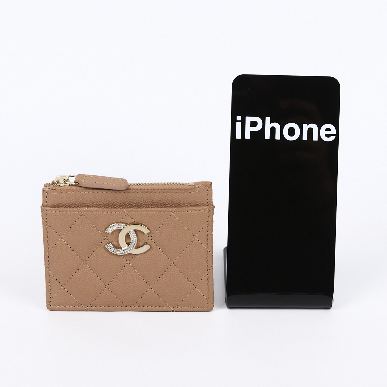 香奈兒 CHANEL 拉鍊 零錢包 卡片夾  晶片款 奶茶色水鑽雙C卡包 原廠盒子/防塵袋