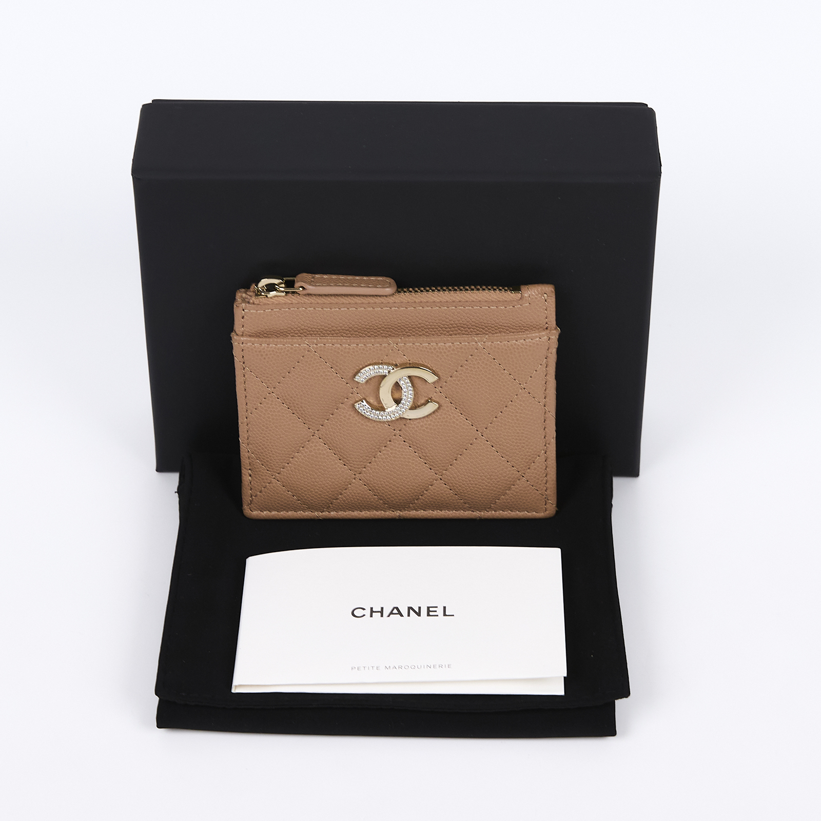 香奈兒 CHANEL 拉鍊 零錢包 卡片夾  晶片款 奶茶色水鑽雙C卡包 原廠盒子/防塵袋