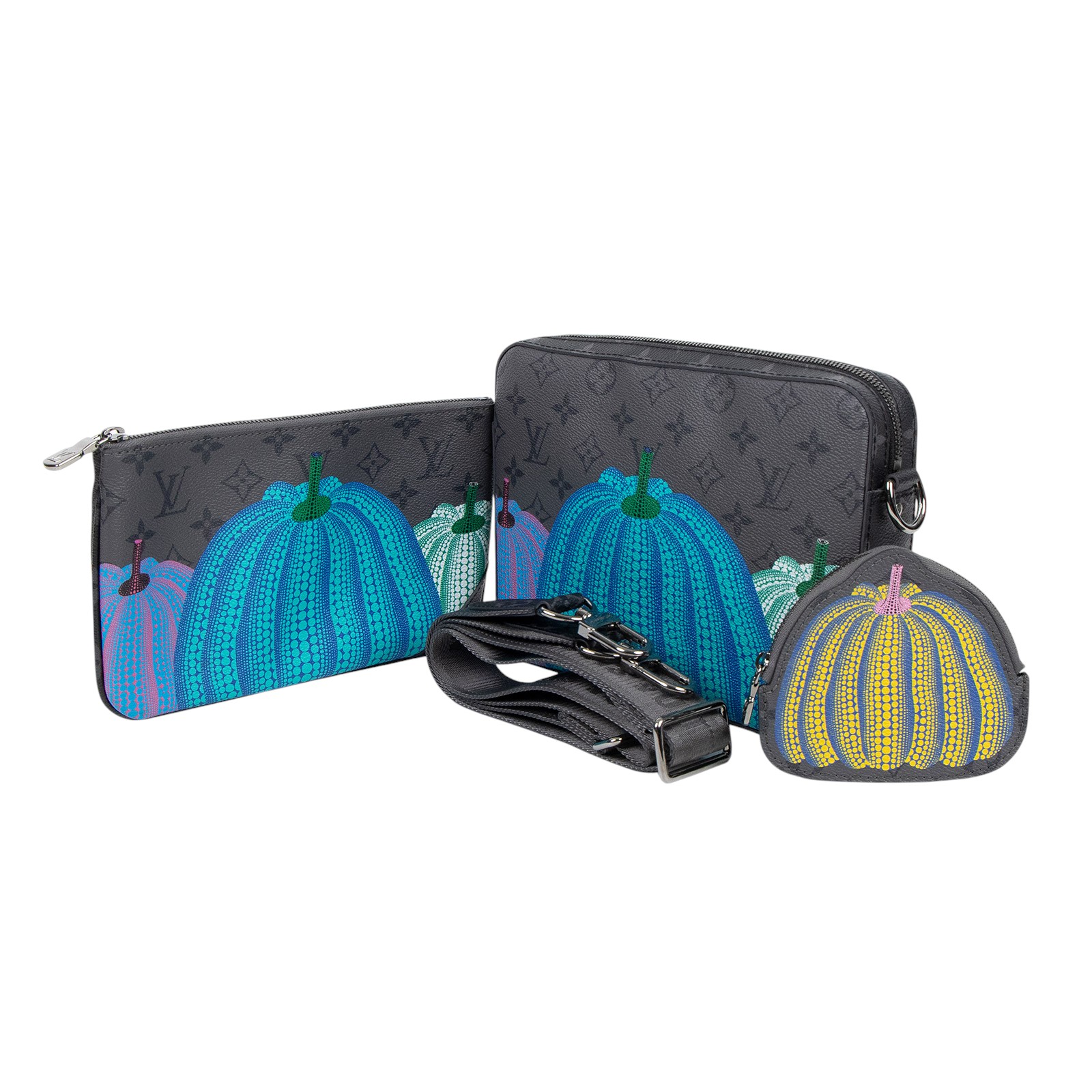 路易威登 LOUIS VUITTON LV x YK Trio 草間彌生 老花 三合一 郵差包 M46435 晶片款 黑南瓜郵差包 防塵袋