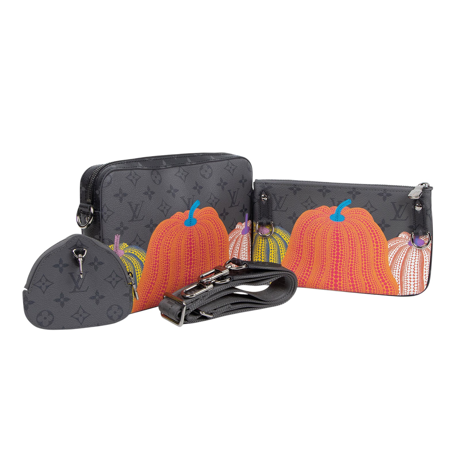 路易威登 LOUIS VUITTON LV x YK Trio 草間彌生 老花 三合一 郵差包 M46435 晶片款 黑南瓜郵差包 防塵袋